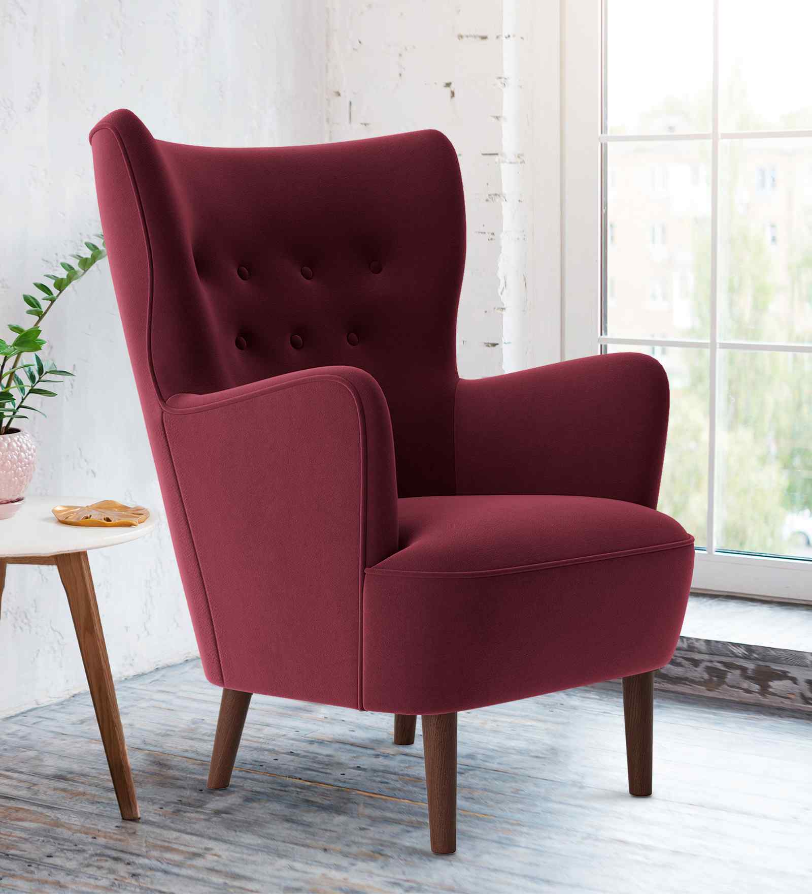 Ludwi Velvet Wing Chair In Maroon Colour