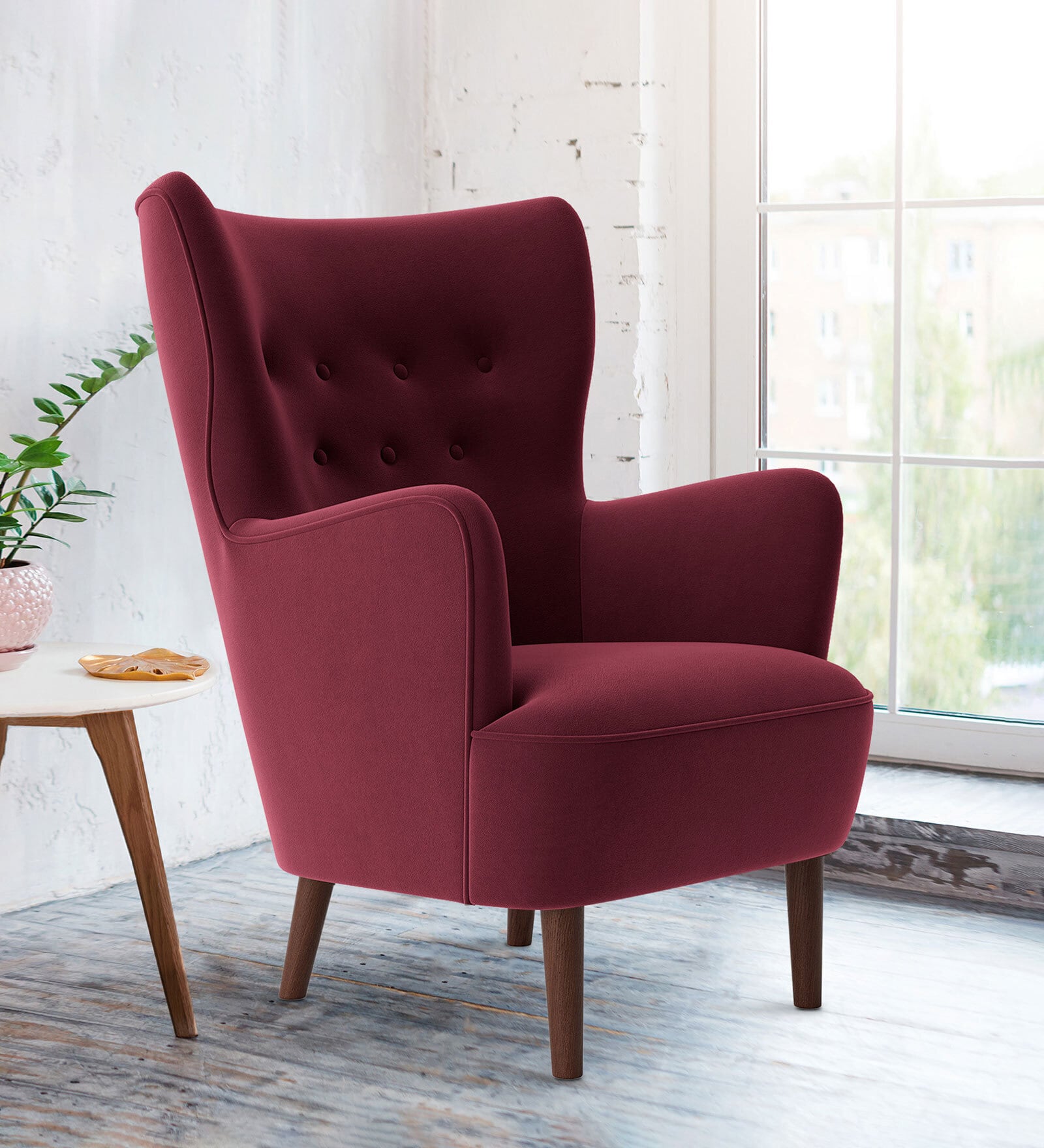 Ludwi Velvet Wing Chair In Maroon Colour