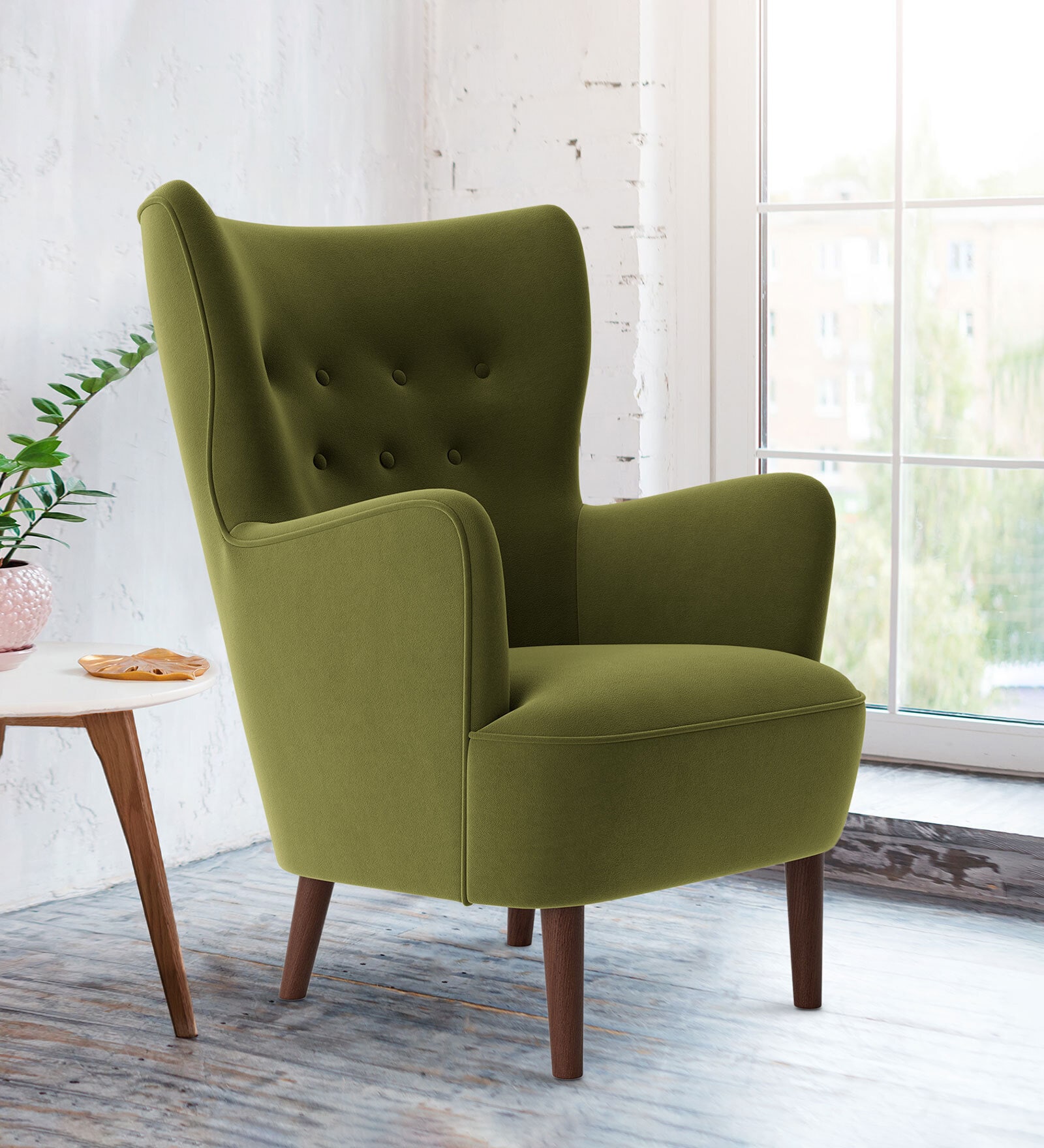 Ludwi Velvet Wing Chair In Mint Green Colour