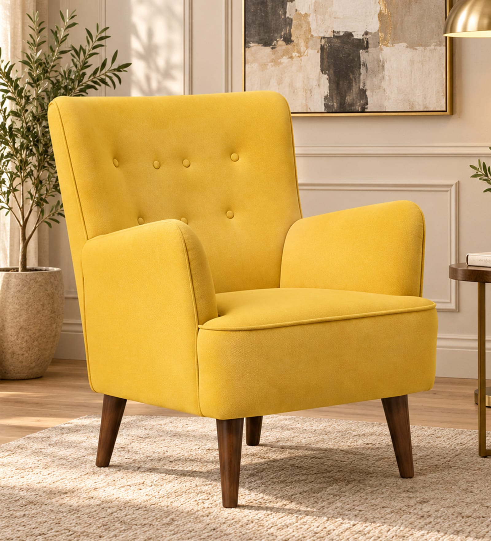 Flora Velvet Wing Chair In Yellow Colour