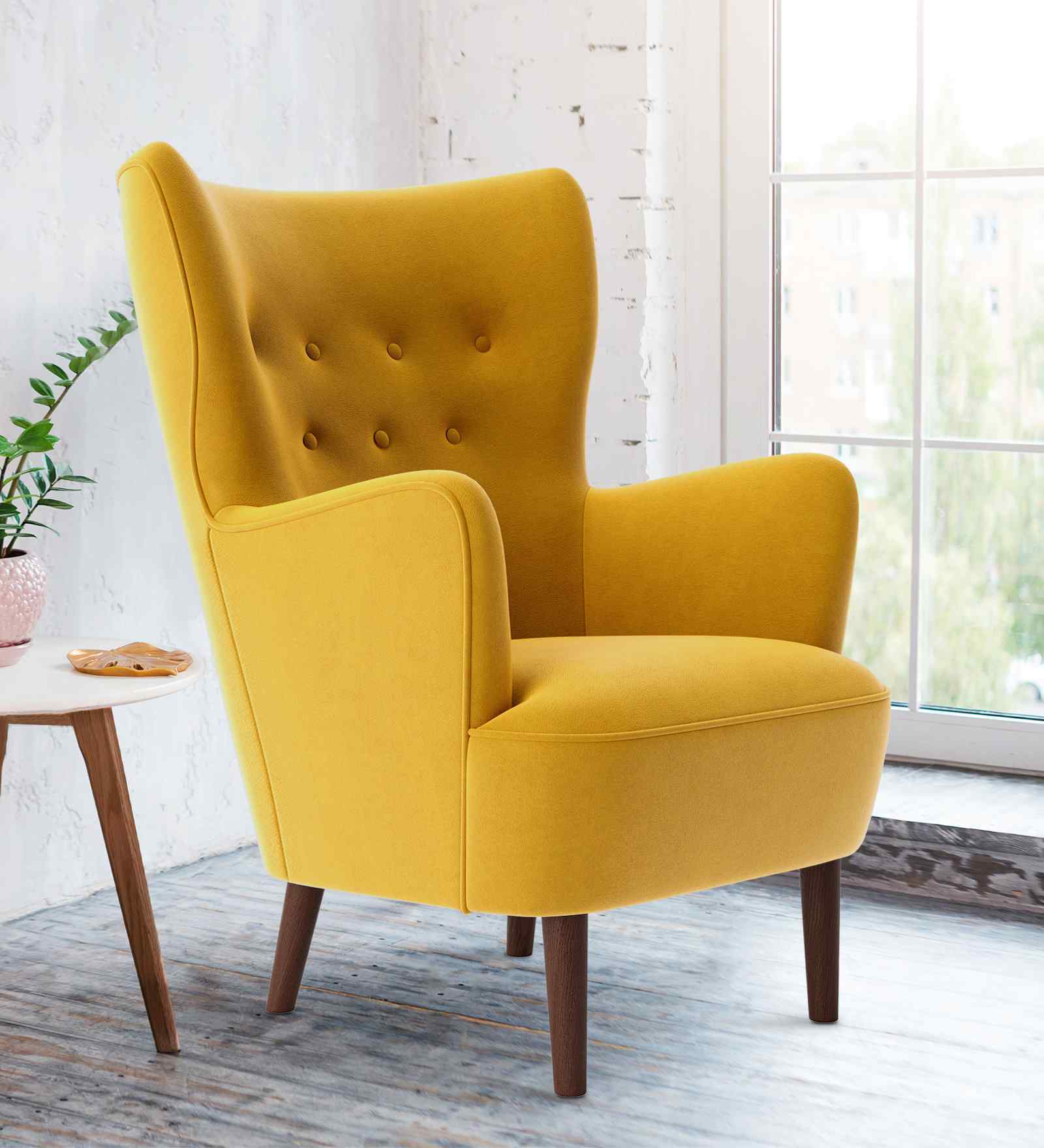 Ludwi Velvet Wing Chair In Yellow Colour