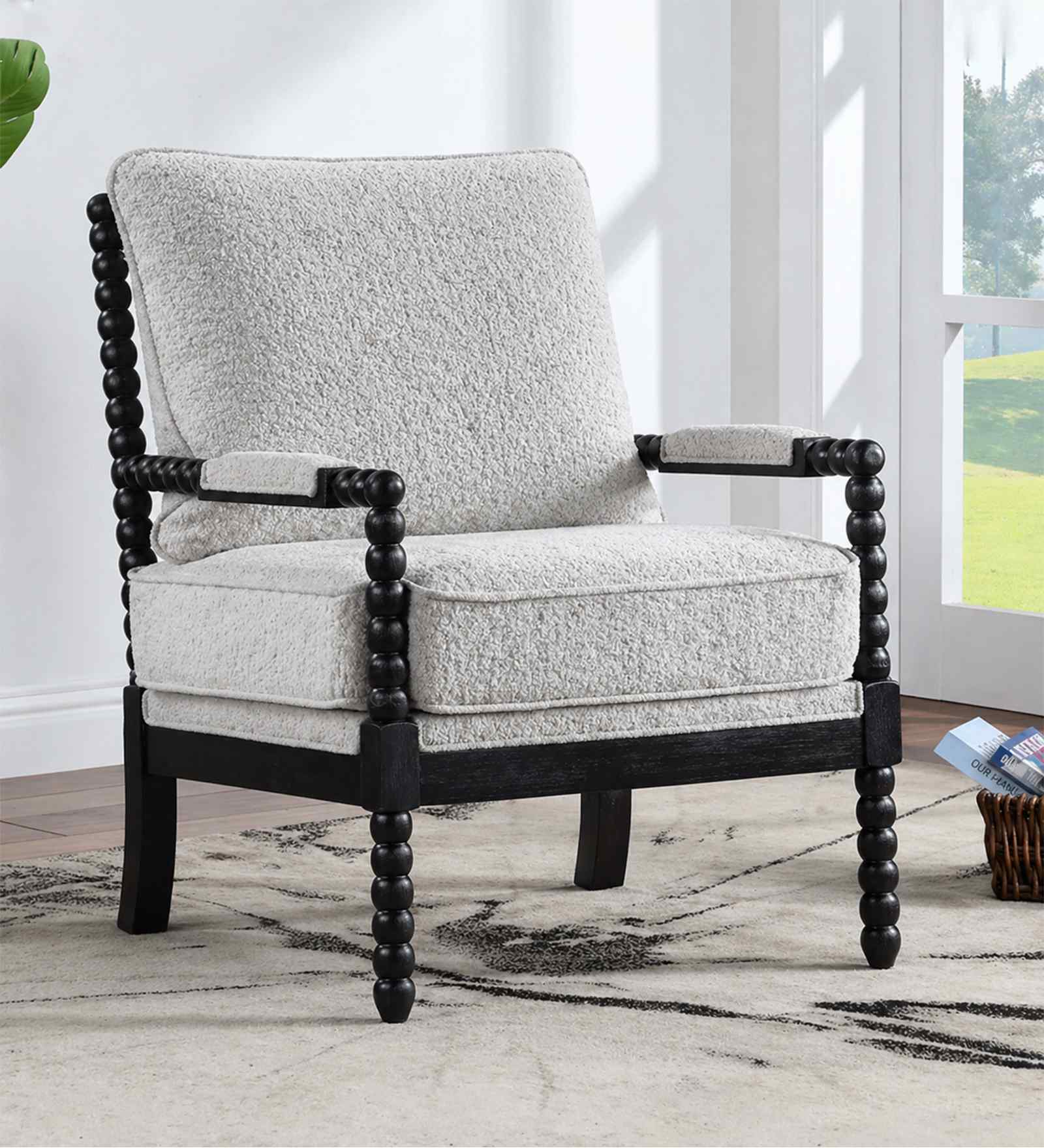 Lue Boucle Fabric Full Back Lounge Chair In White Colour