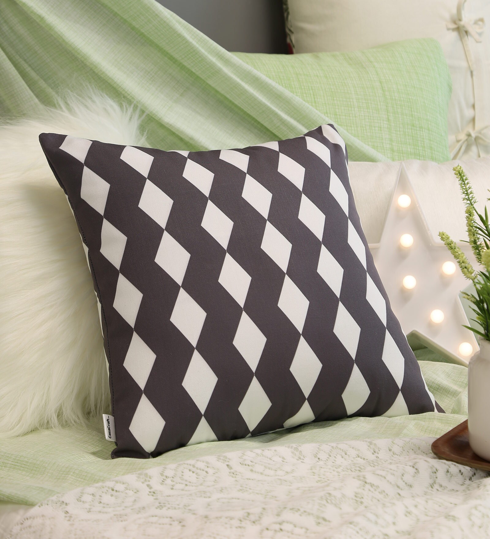 Geometric Pattern Cotton Black Cushion Cover 16 x 16 inches