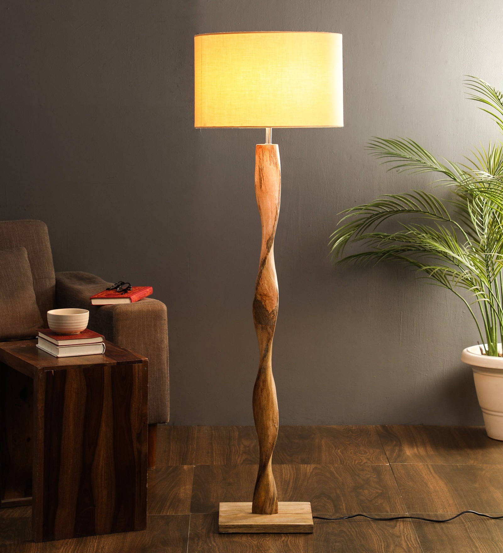 Luis Beige Fabric Shade Club Floor Lamp With Mango wood Base