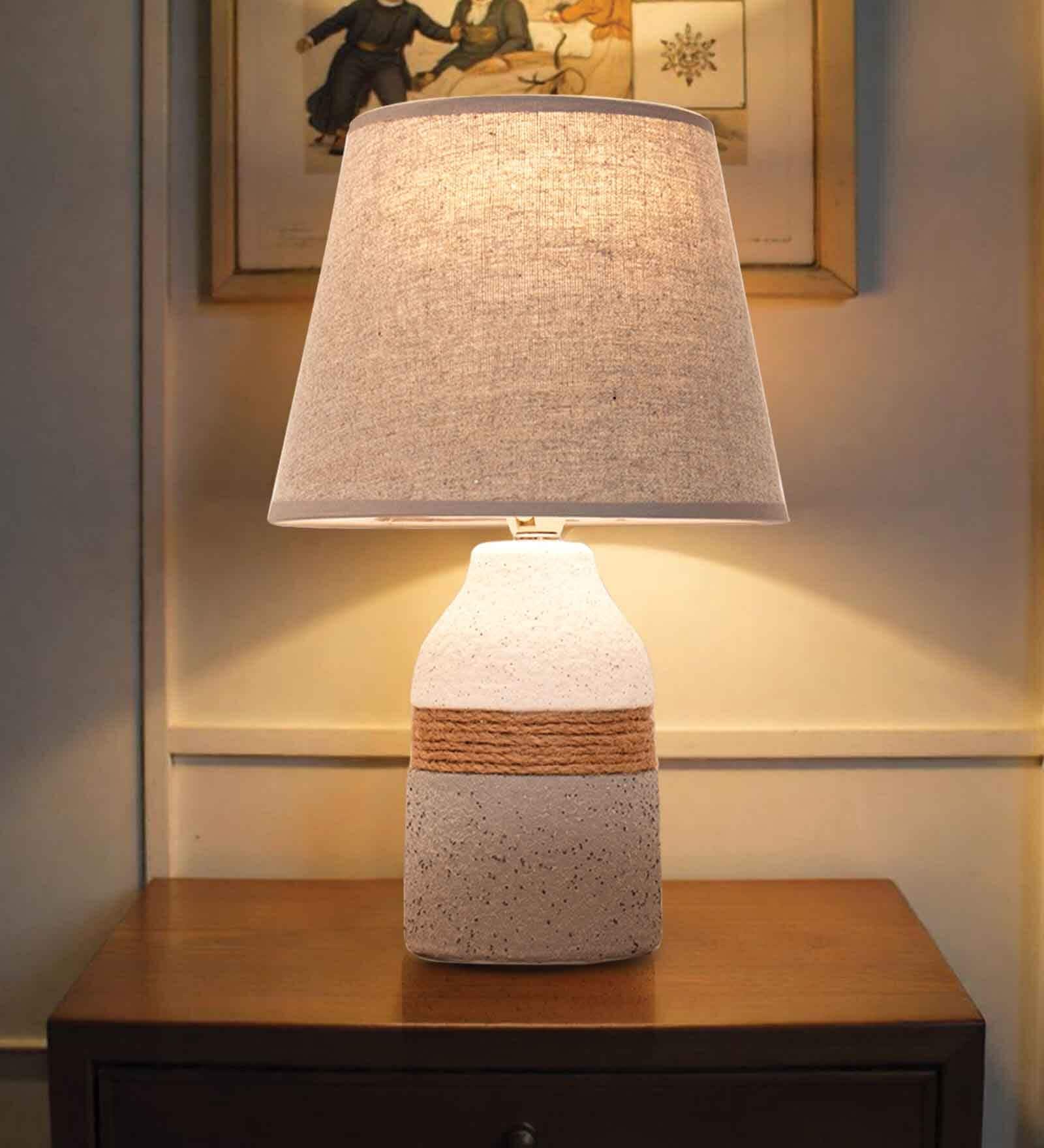 Lumia Cermaic Bedside Table Lamp for Bedroom & Living Room | Grey | Lamp Woven Rope Detailing with Warm Light | Convenient On/Off Switch and 2 Pin Plug | Home D cor Item