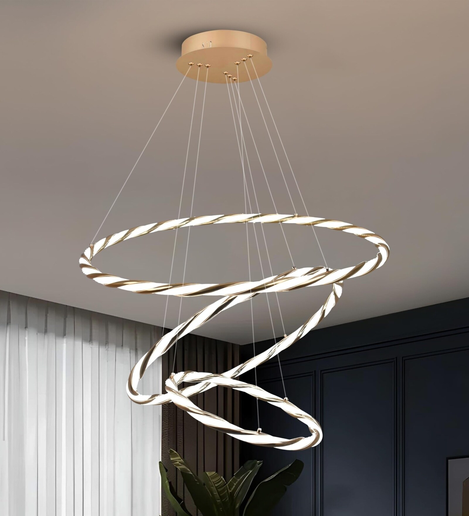 Lumihoop 90W LED Ceiling Chandelier 80cm, Intertwined Ring White Gold Design, Smart Hanging Light Alexa Google Compatible, Modern Lighting for Living Room Bedroom Dining Office