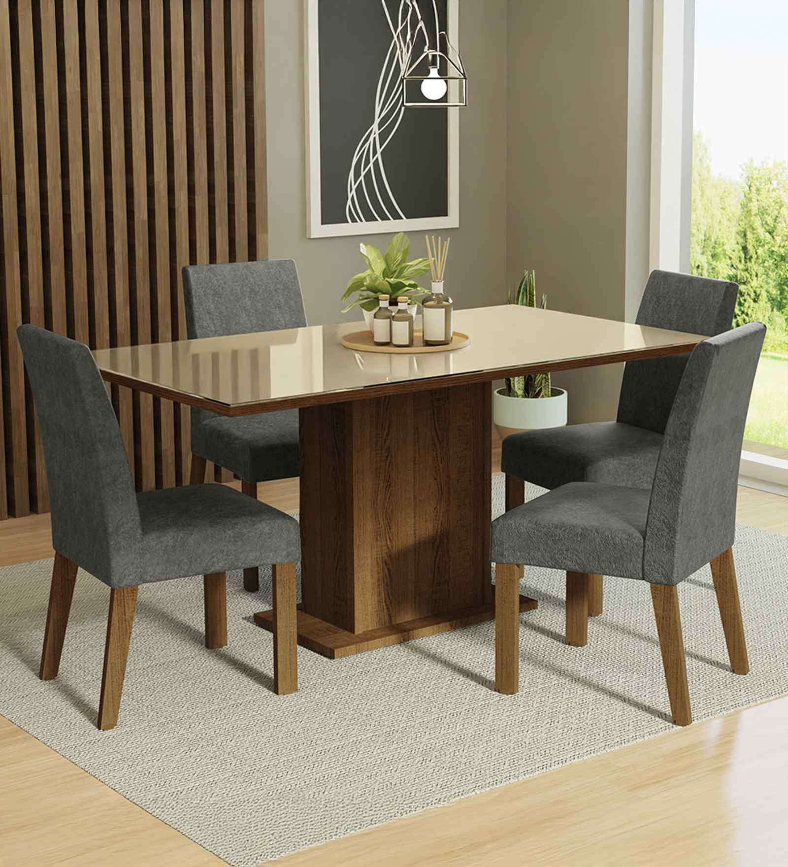 Lumine Glass Table Top 4 Seater Dining Set In Brown & Beige Finish