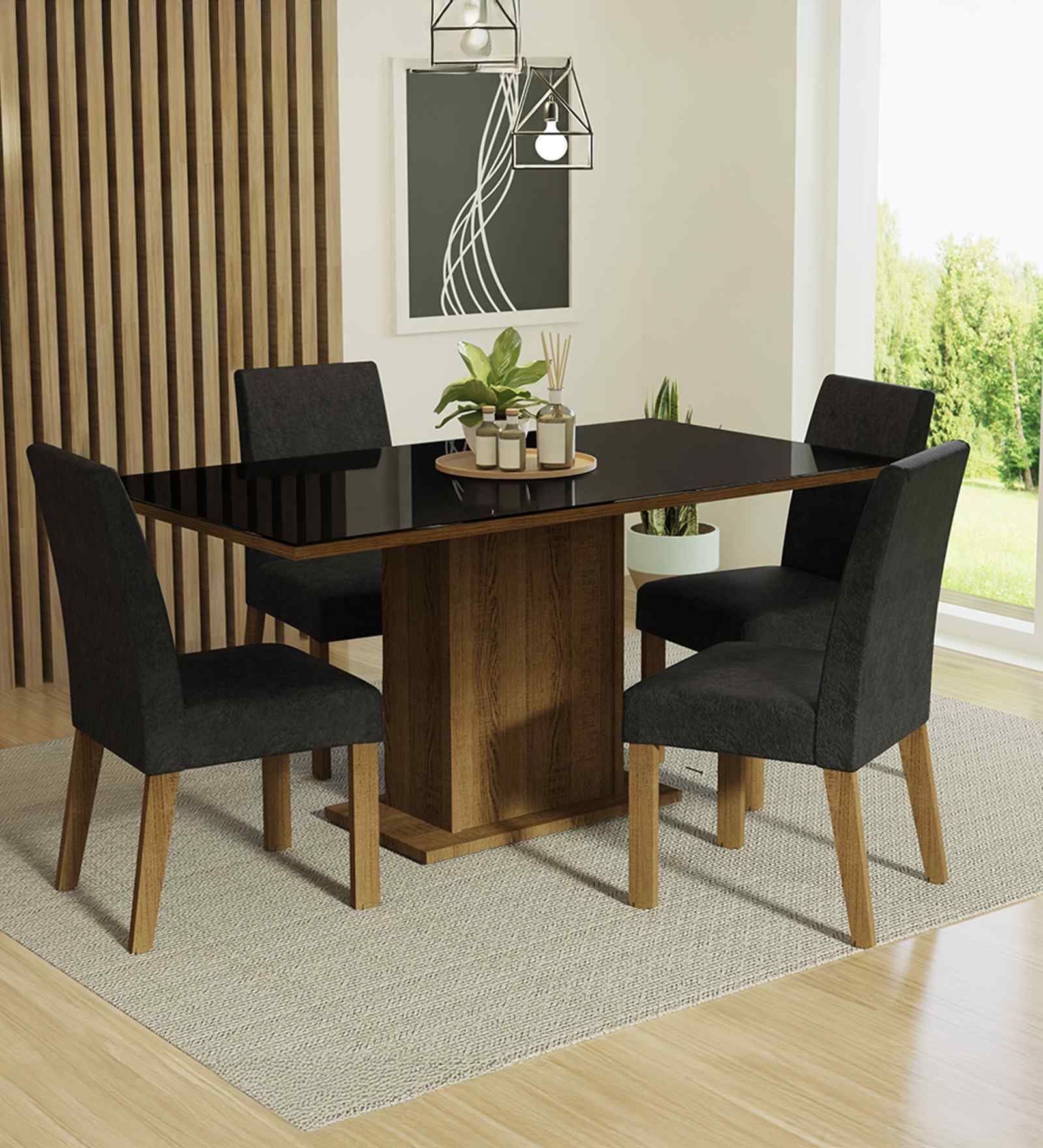Lumine Glass Top 4 Seater Dining Set With In Brown & Black Finish