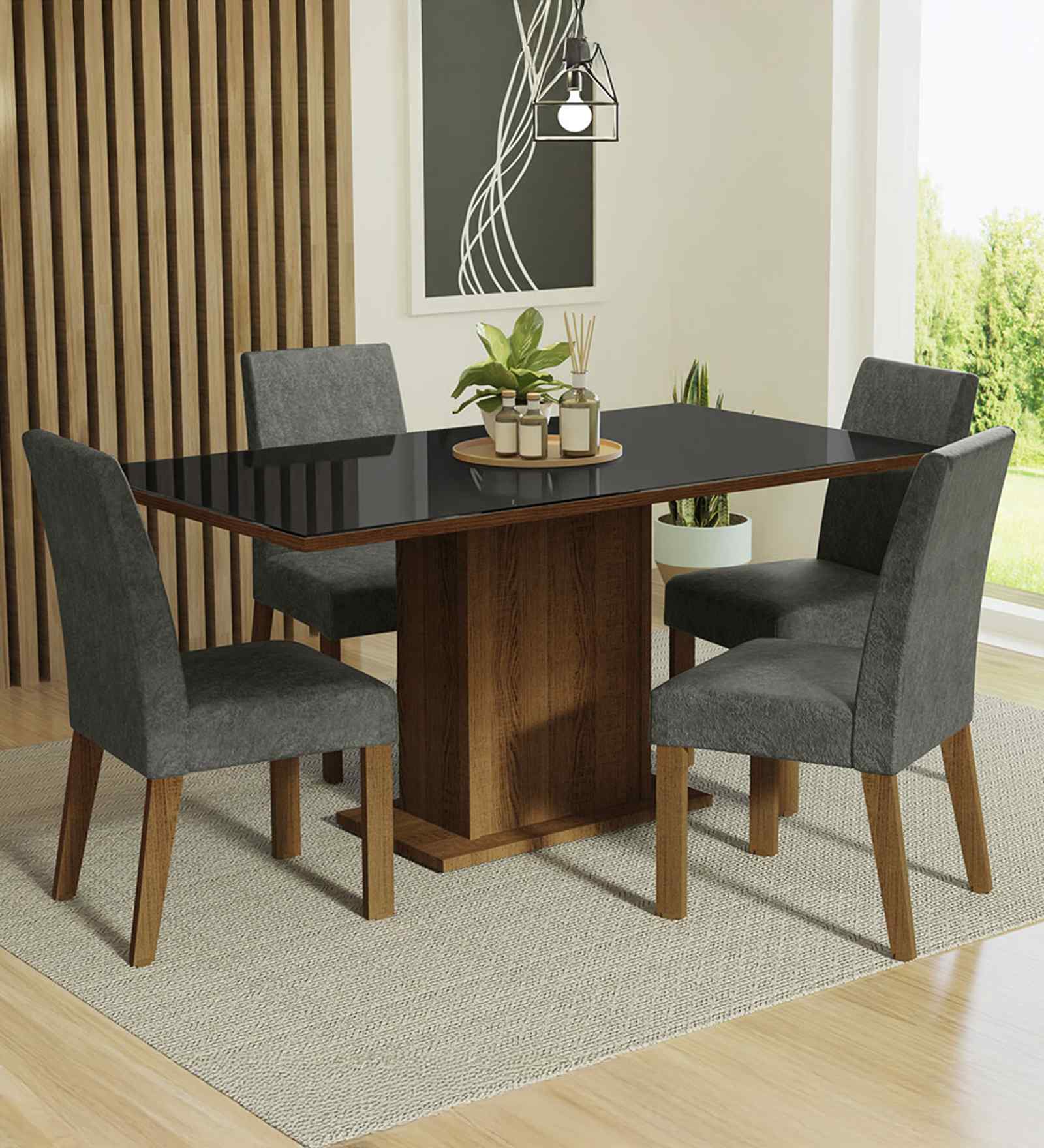 Lumine Glass Table Top 4 Seater Dining Set In Brown & Black Finish