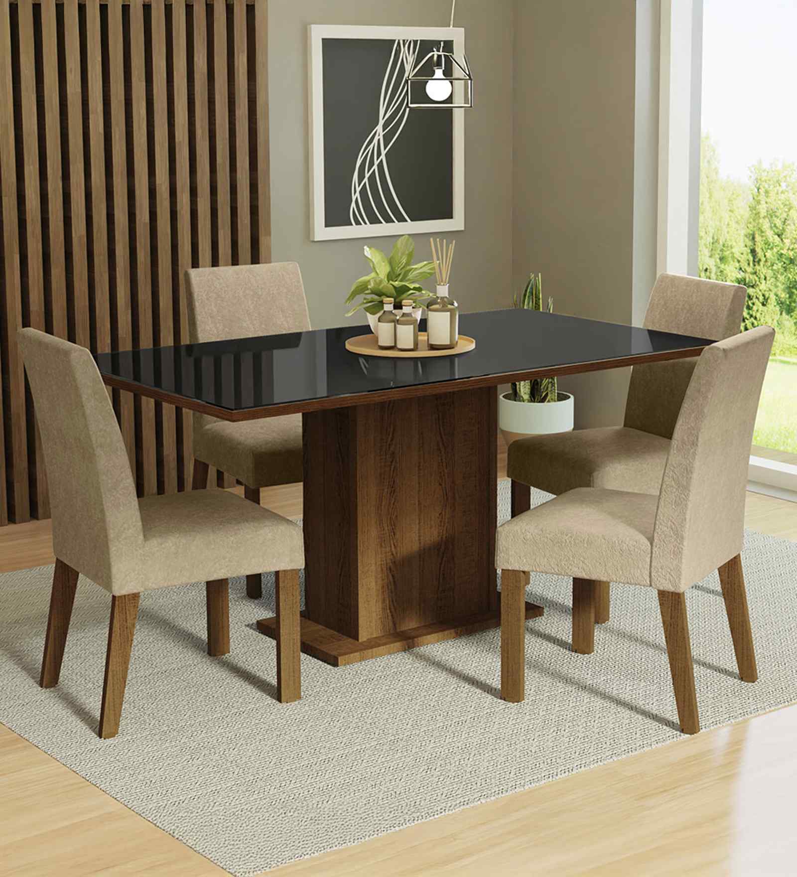 Lumine Glass Table Top 4 Seater Dining Set In Brown & Grey Finish