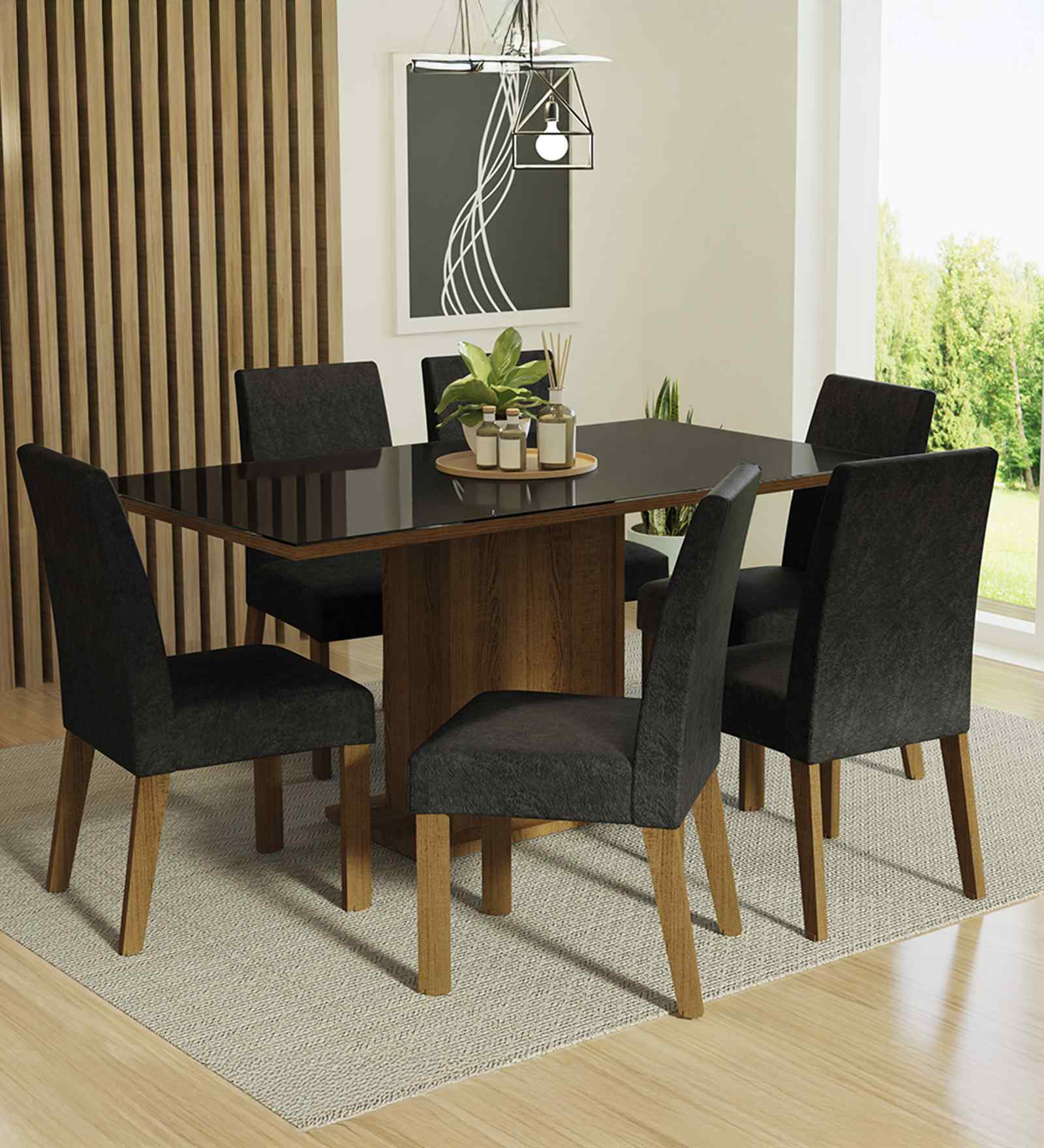 Lumine 6 Seater Dining Set With Glass Table In Brown & Black Finish