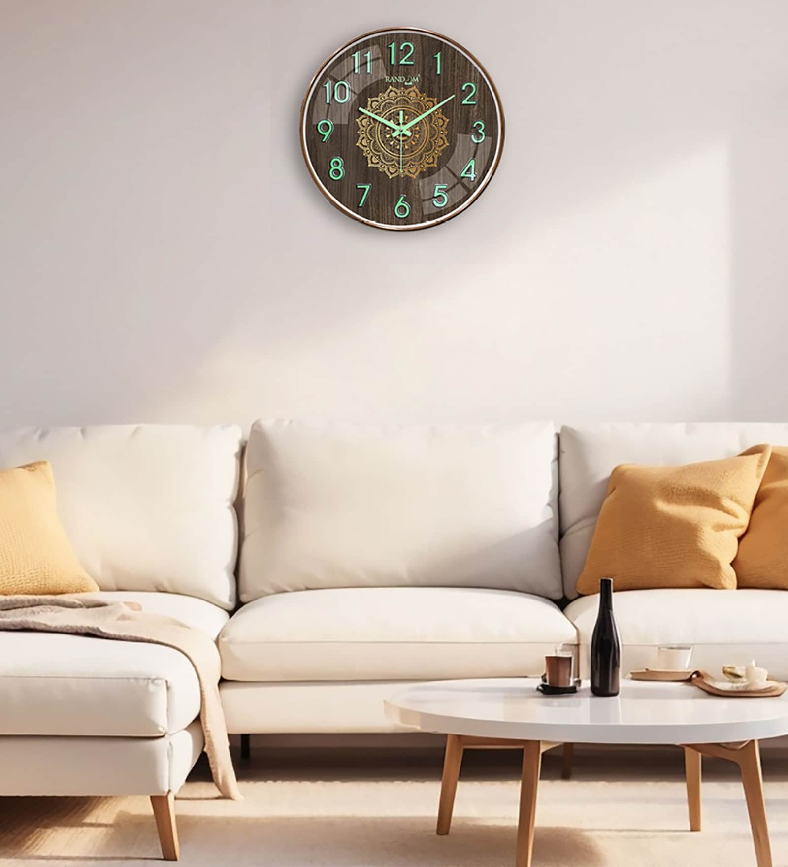 Gold Mandala Luminous Wall Clock With Wood Pattern (13 Inch)