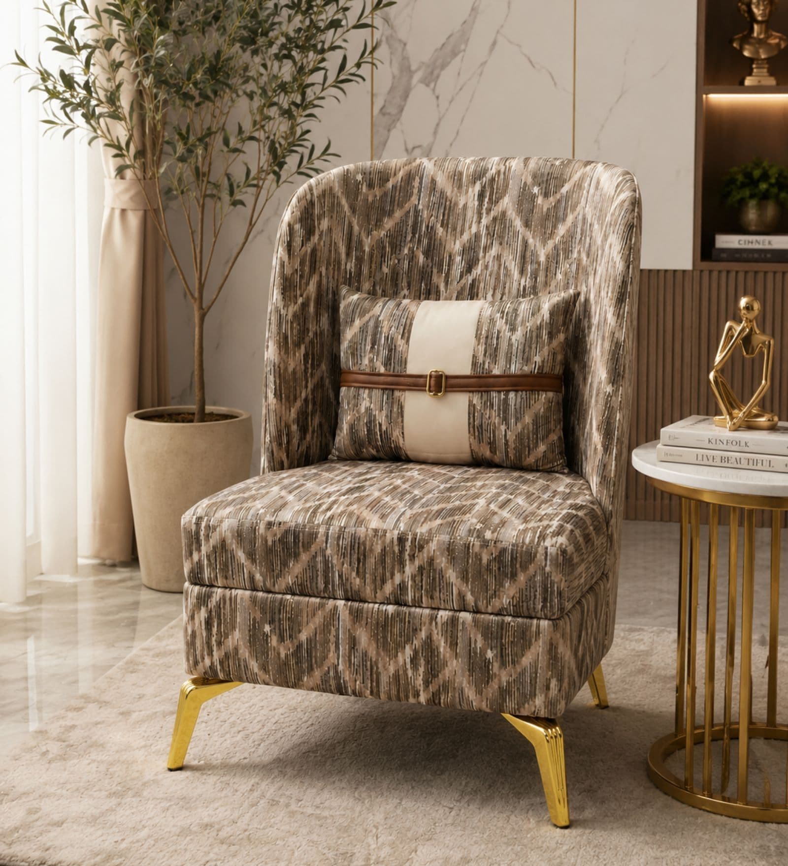 Lunara Teak Wood Frame  Accent Chair With Suede Fabric In Brown Colour