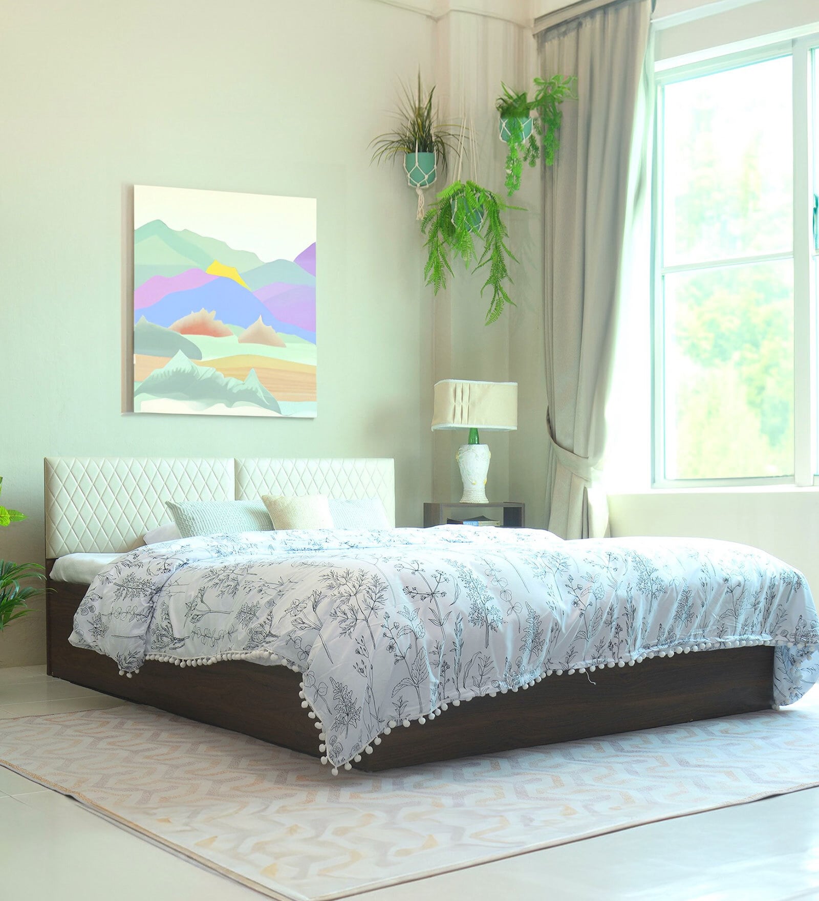 Lush Deluxe Queen Size Upholstered Bed In Pastel Grey Colour & Walnut Finish With Box Storage Lush Deluxe Queen Size Upholstered Bed In Pastel Grey Colour & Walnut Finish With Box Storage