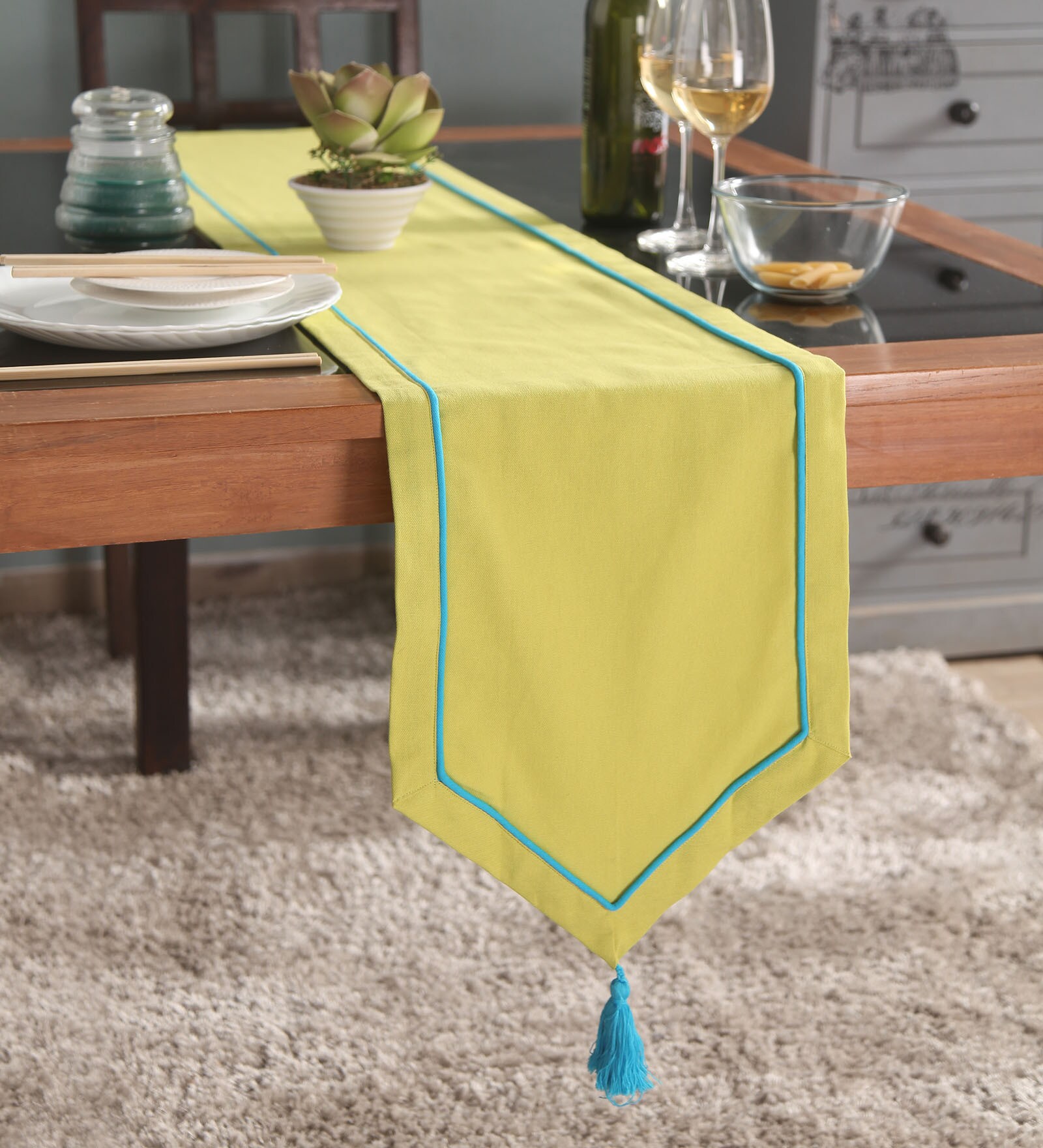 Green Cotton Table Runner with Blue Contrasting Cord Piping 72 Inches x 12 Inches