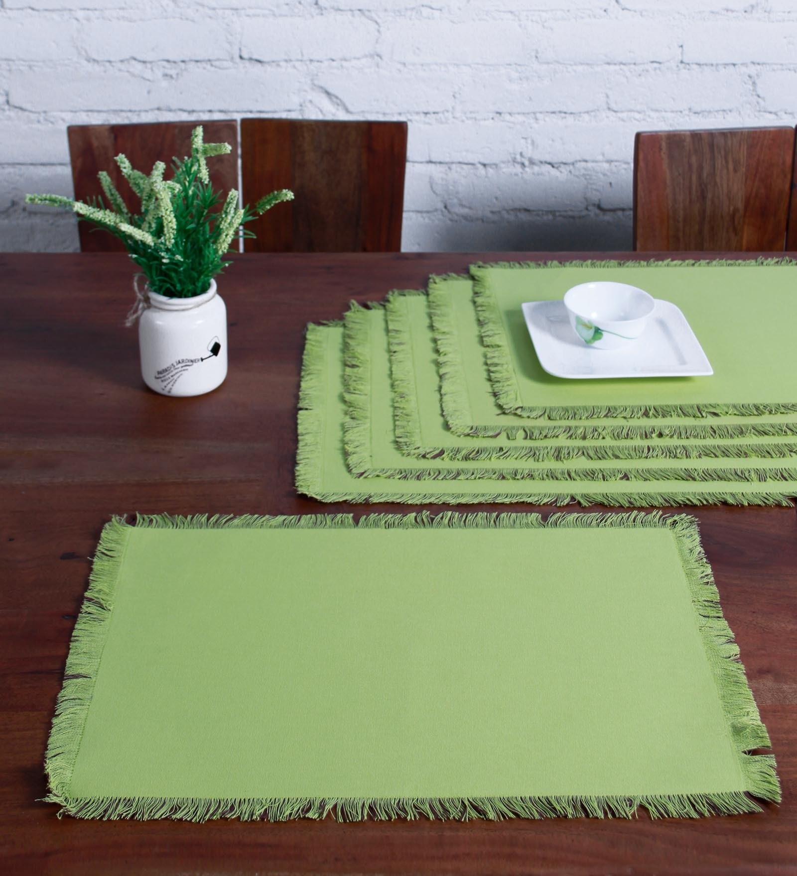 Fringe Green Cotton 19x13 Inches Reversible Placemats (Set of 6)