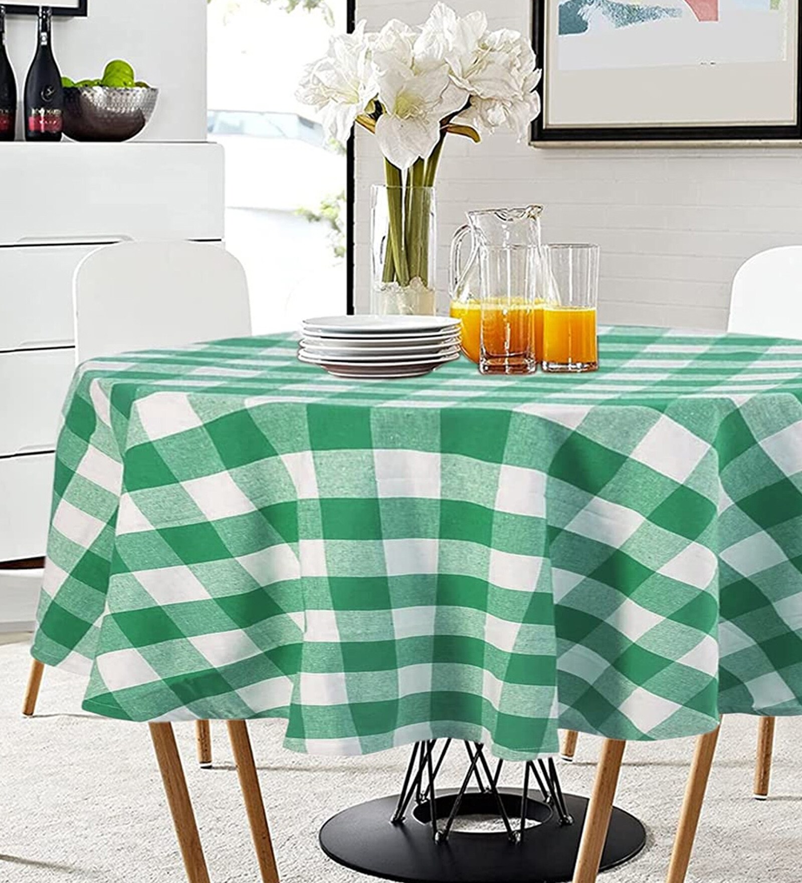 Green & White 40 Inches Cotton Checkered Round Table Cloth Green & White 40 Inches Cotton Checkered Round Table Cloth