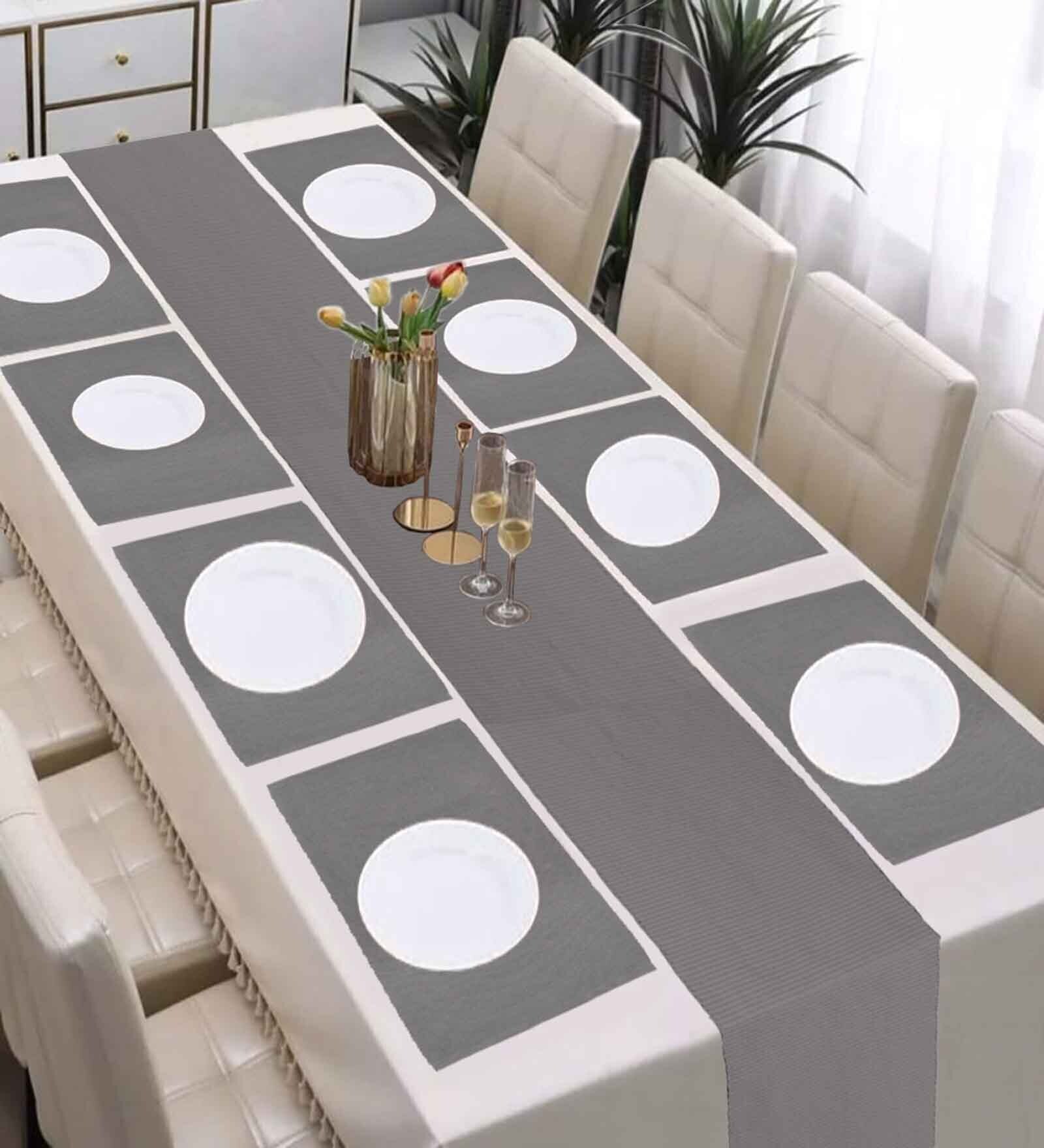 Grey Cotton  Solid 8 Seater Table Linen Set