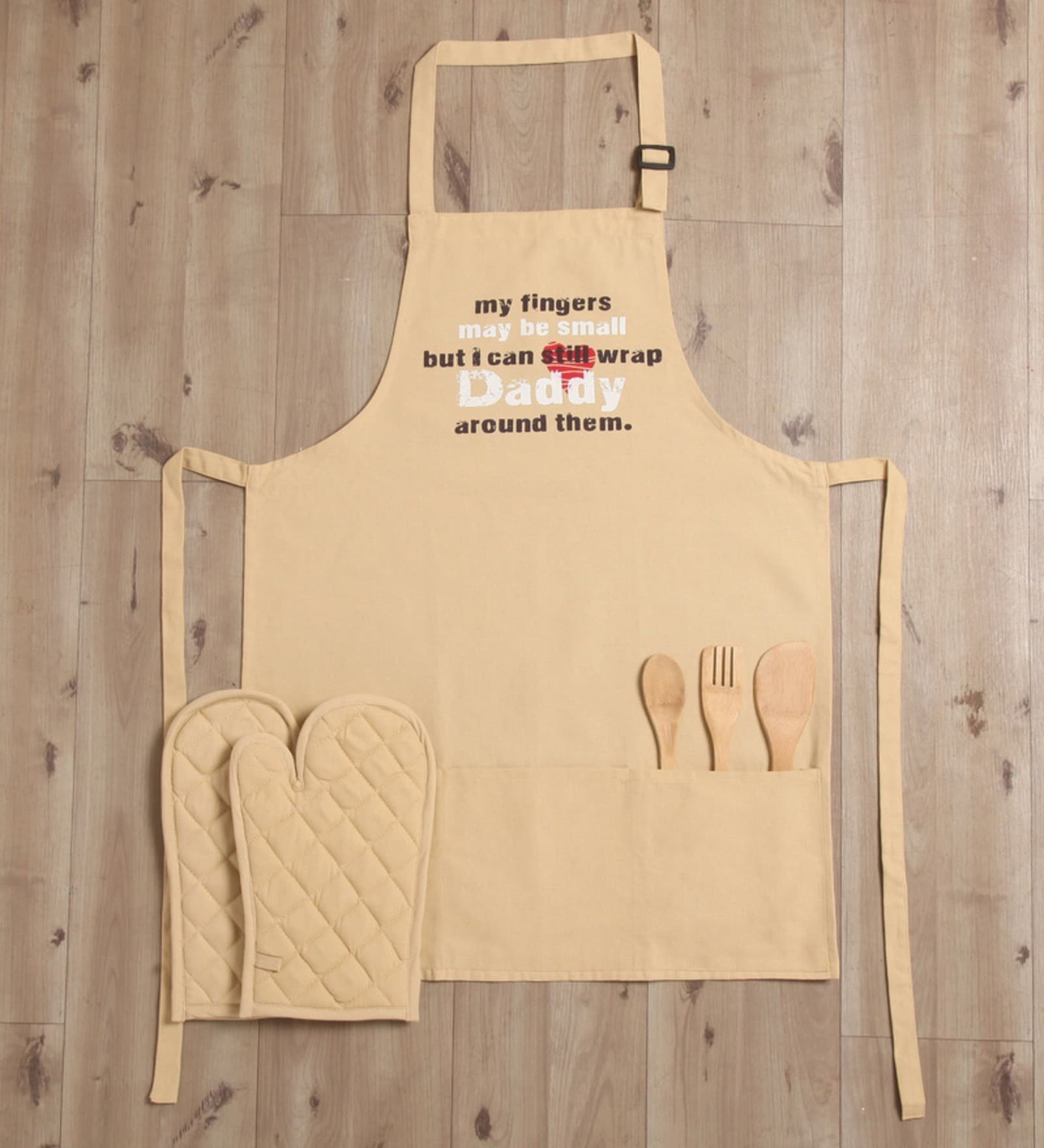 Cotton Kitchen Apron with 2 Oven Mittens in Beige