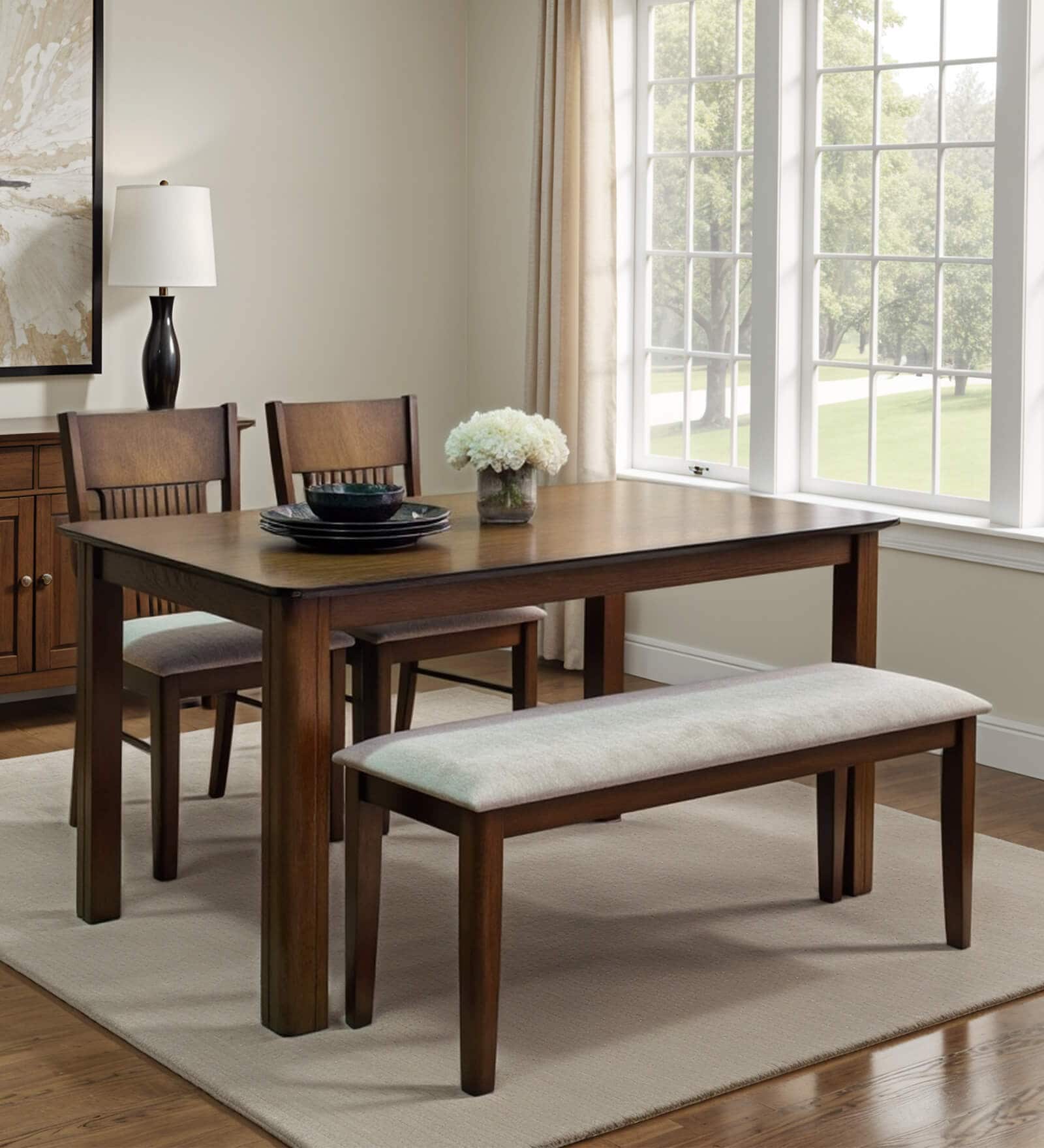 Luster 4 Seater Dining Set In Natural Finish With Bench