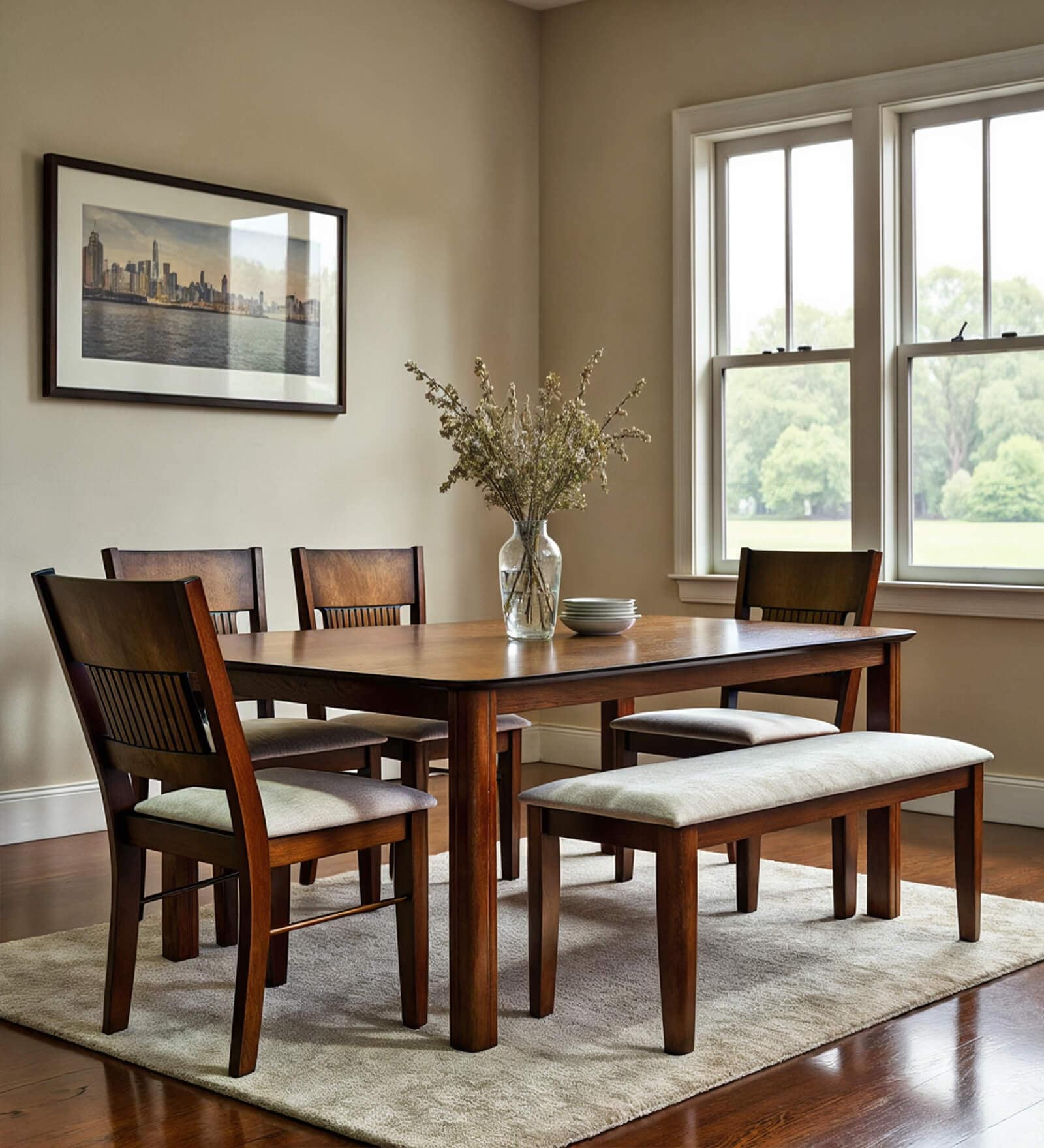 Luster 6 Seater Dining Set In Natural Finish With Bench