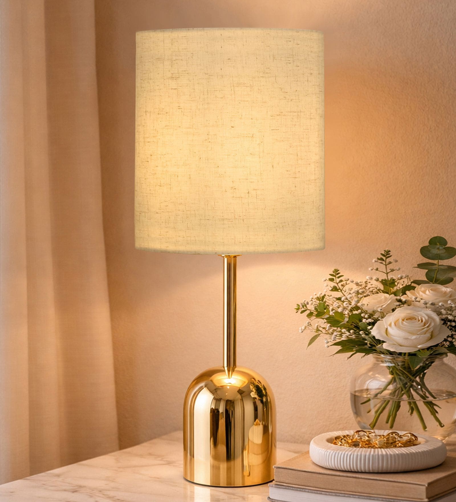Luxe Dome Gold Table Lamp with Fabric Drum Shade