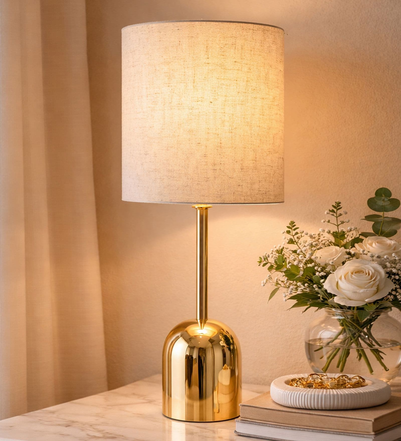 Luxe Dome Gold Table Lamp with Fabric Drum Shade