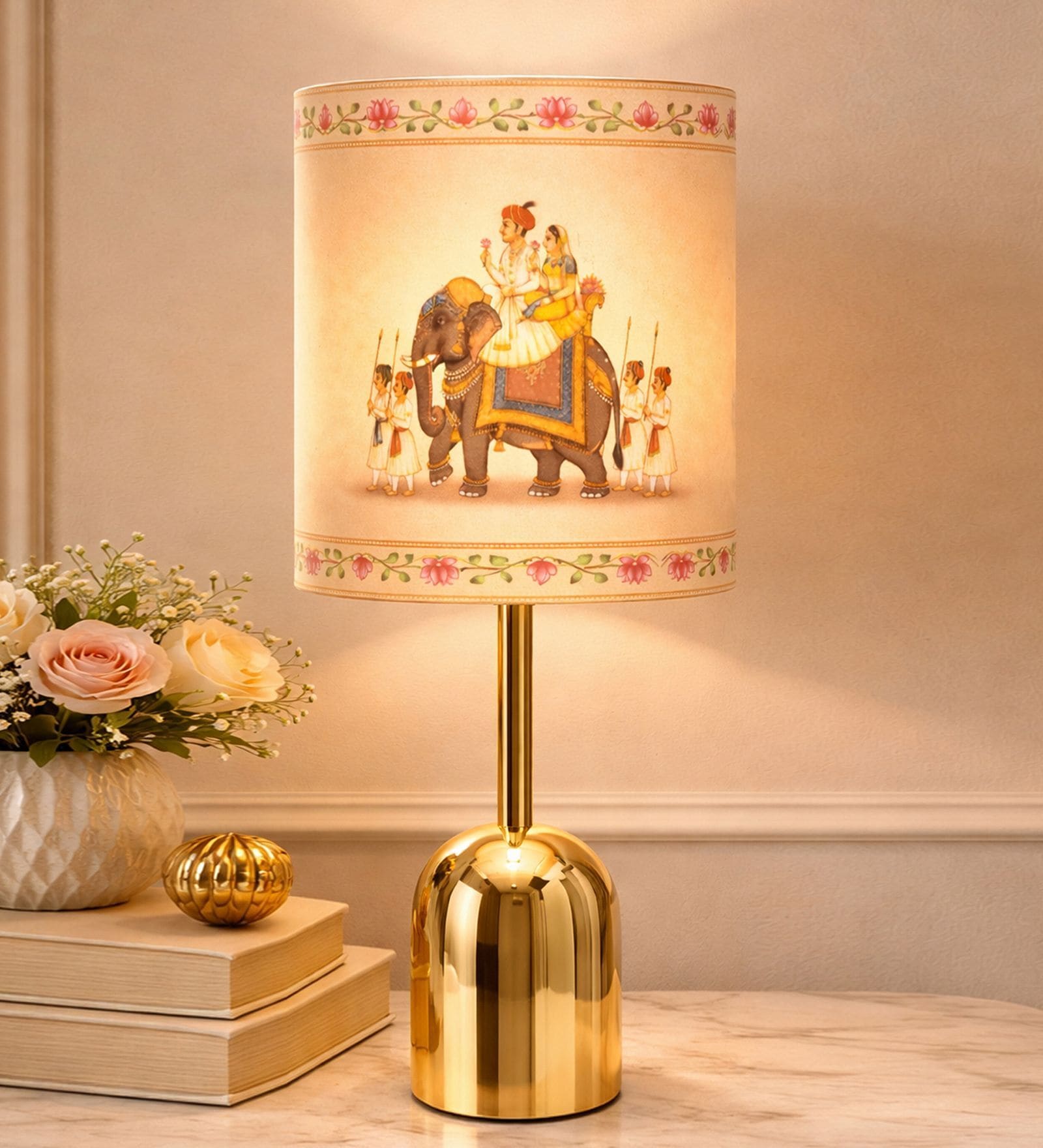 Luxe Dome Gold Table Lamp with Indian Art Shade