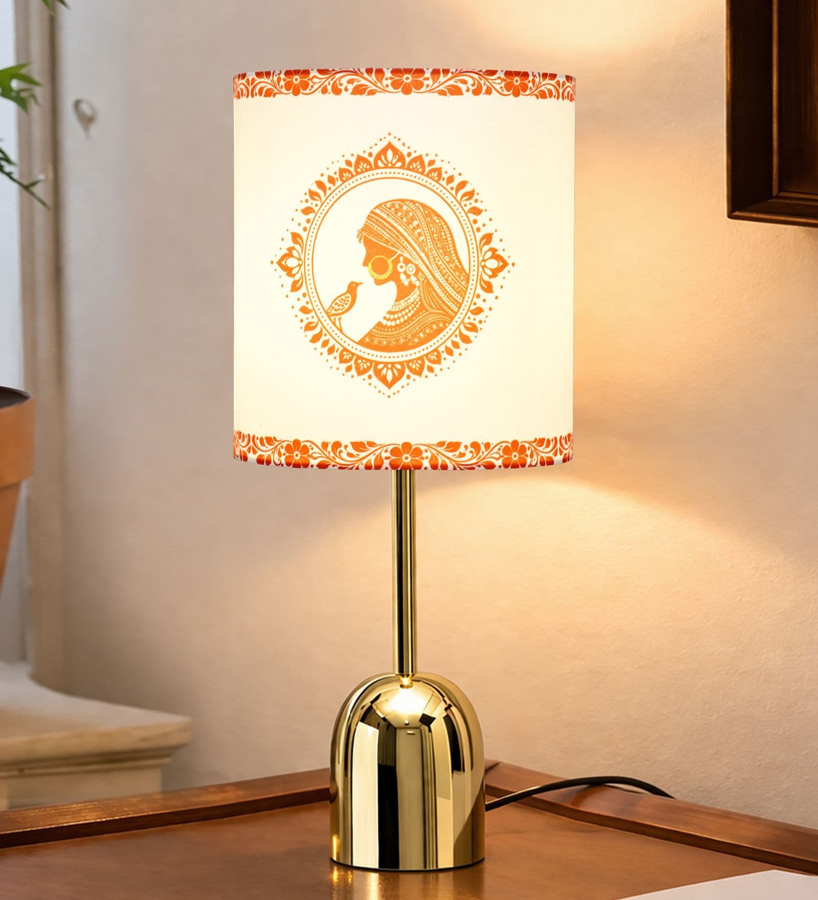 Luxe Dome Gold Table Lamp with Indian Art Shade