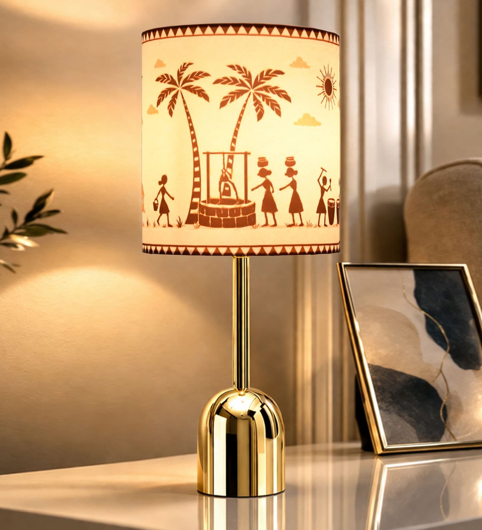 Luxe Dome Gold Table Lamp with Indian Art Shade