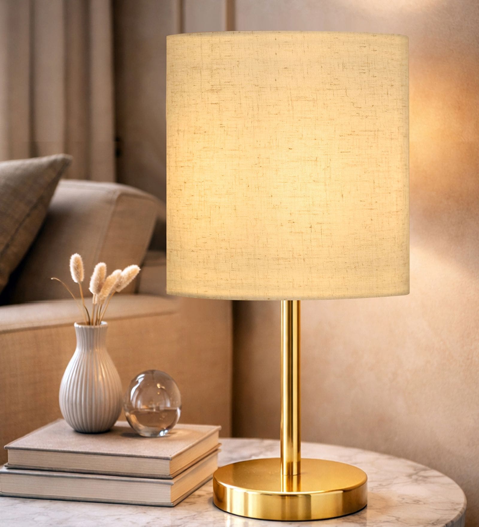 Luxe Flat Gold Table Lamp with Fabric Drum Shade