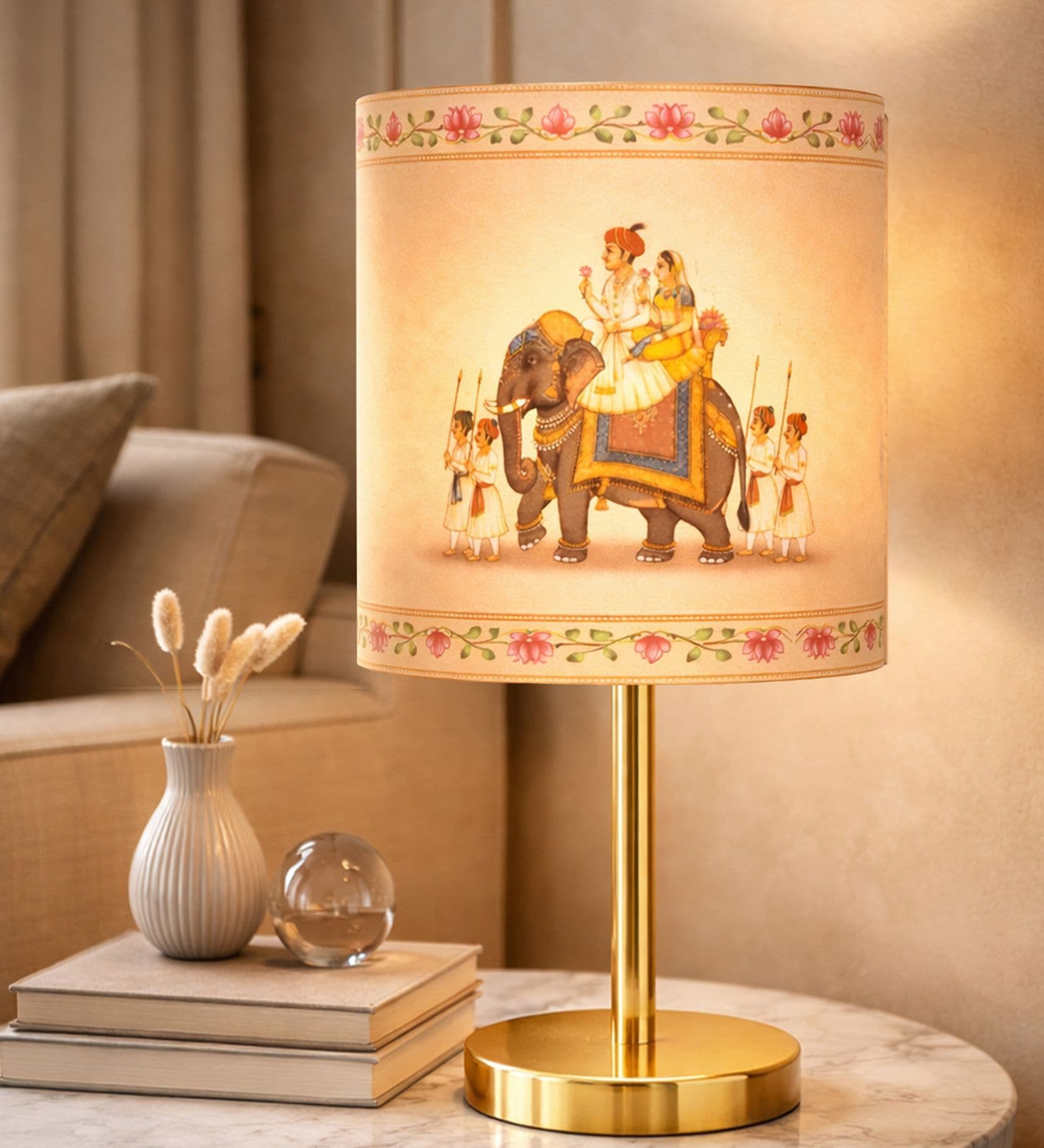 Luxe Flat Gold Table Lamp with Indian Art Shade
