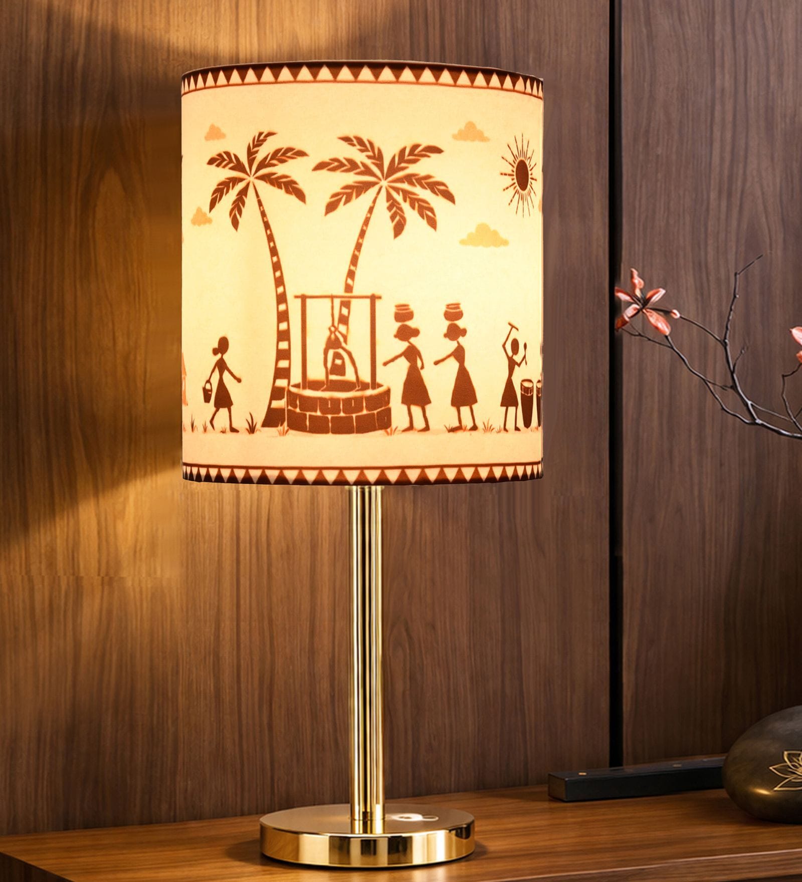 Luxe Flat Gold Table Lamp with Indian Art Shade