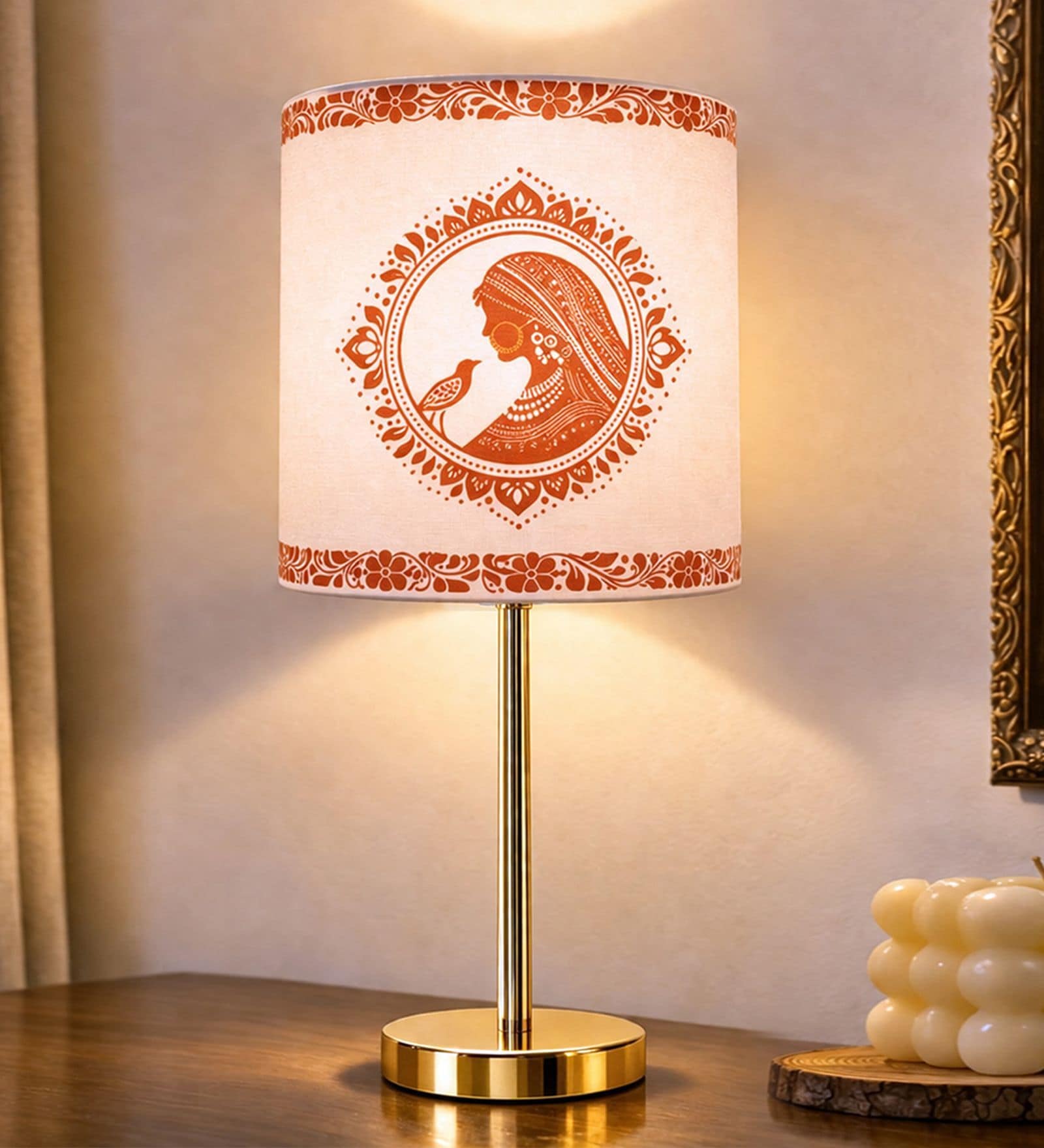 Luxe Flat Gold Table Lamp with Indian Art Shade