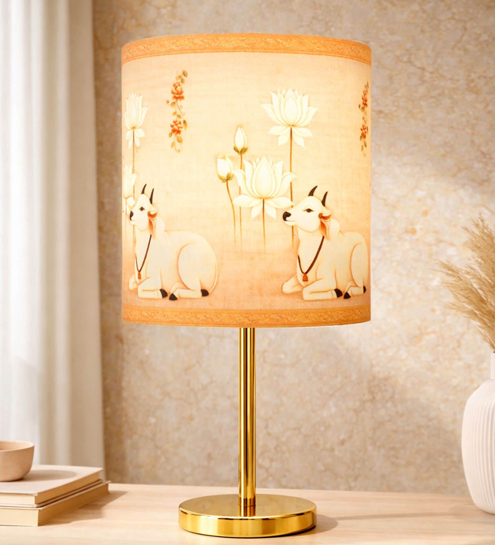 Luxe Flat Gold Table Lamp with Indian Art Shade
