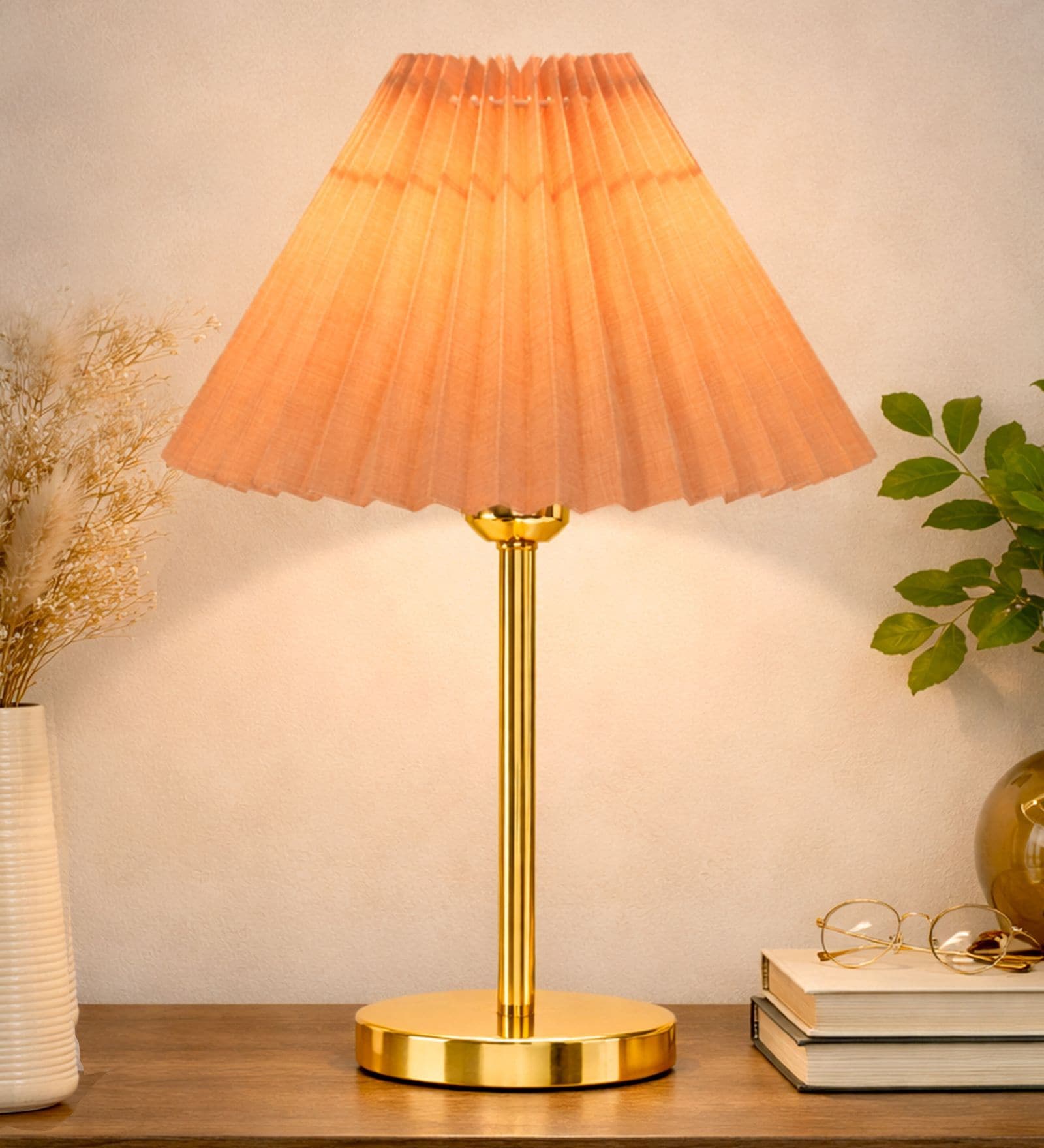 Luxe Flat Gold Table Lamp with Pleated Shade