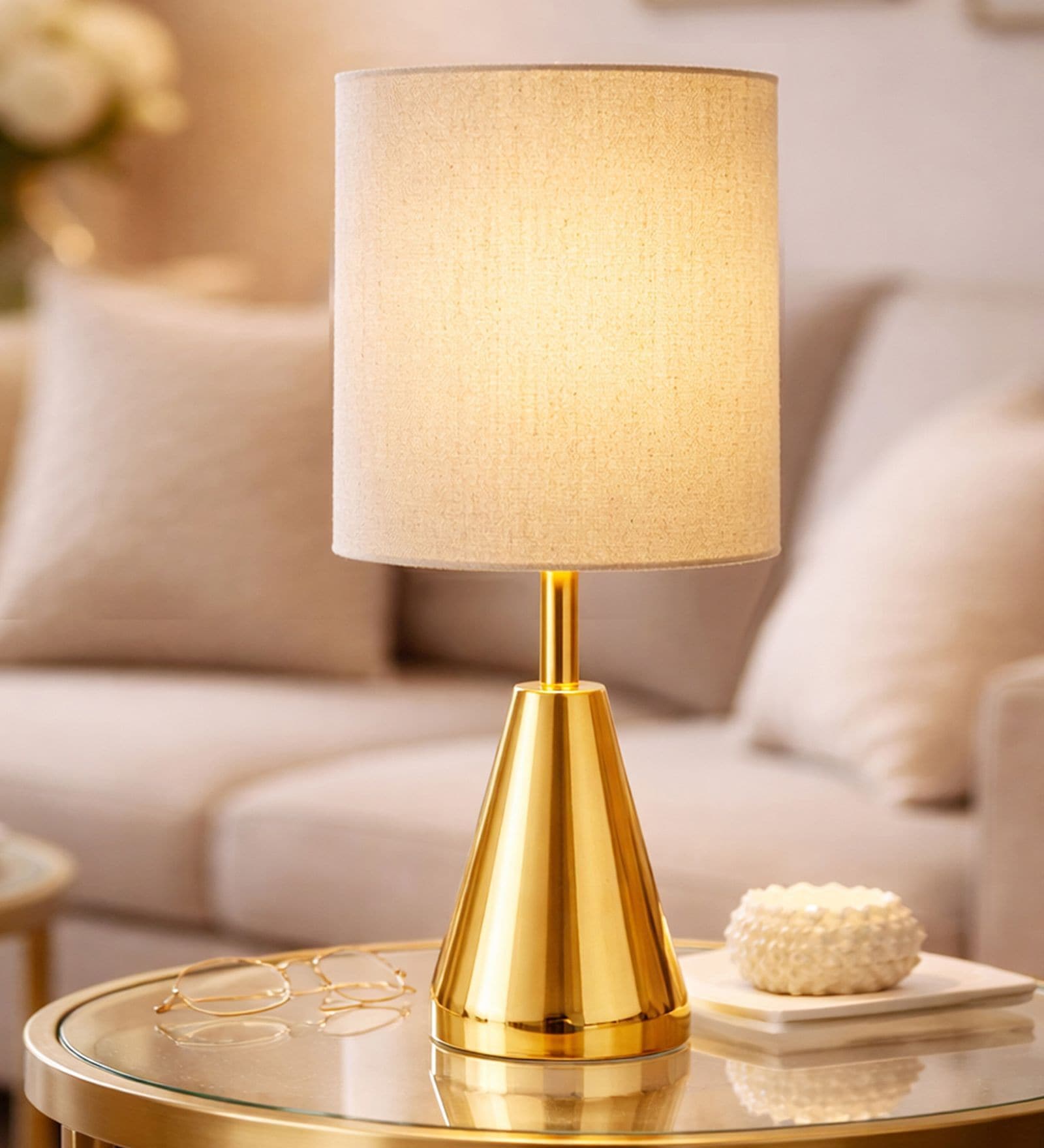 Luxe Round Gold Table Lamp with Fabric Drum Shade