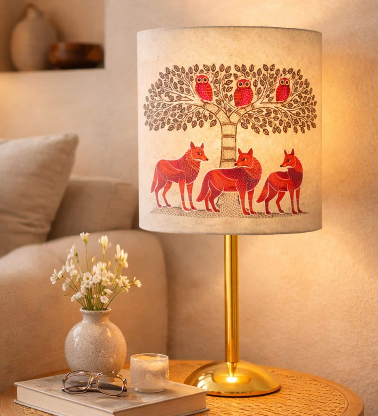 Luxe Round Gold Table Lamp with Indian Art Shade