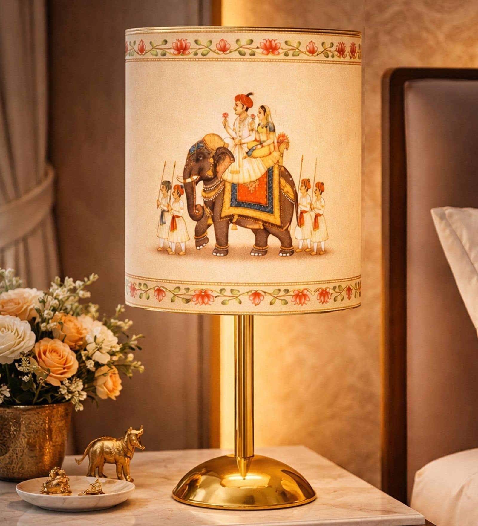 Luxe Round Gold Table Lamp with Indian Art Shade