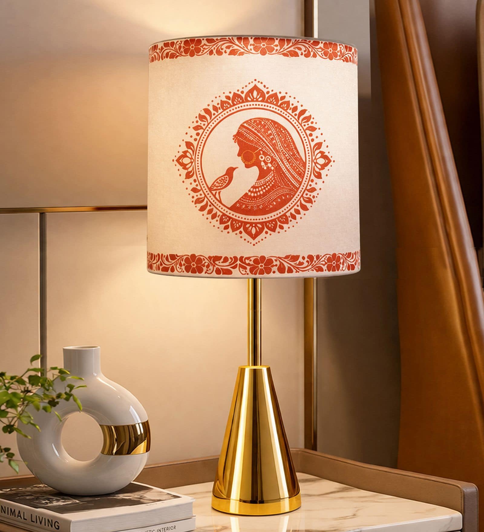 Luxe Round Gold Table Lamp with Indian Art Shade