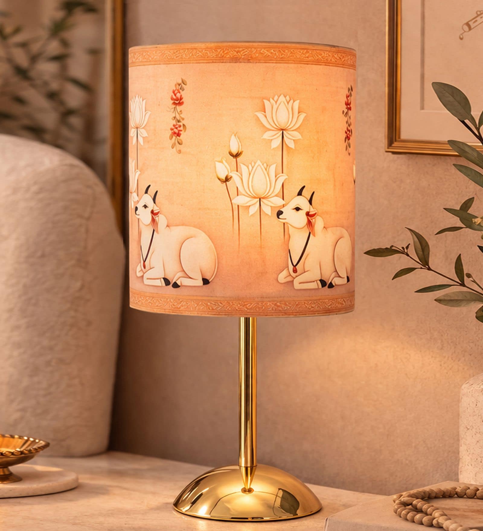 Luxe Round Gold Table Lamp with Indian Art Shade