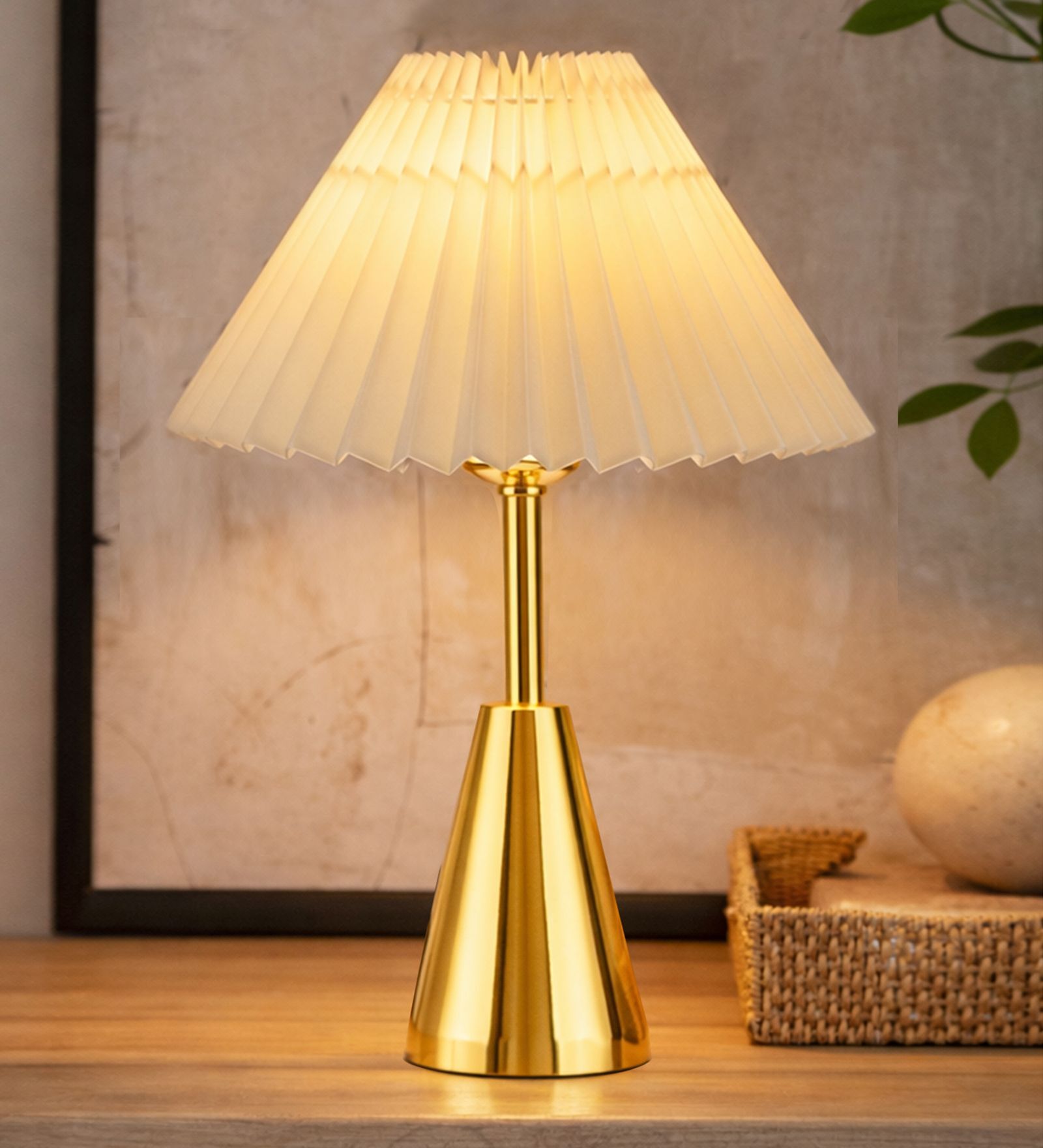 Luxe Round Gold Table Lamp with Pleated Shade