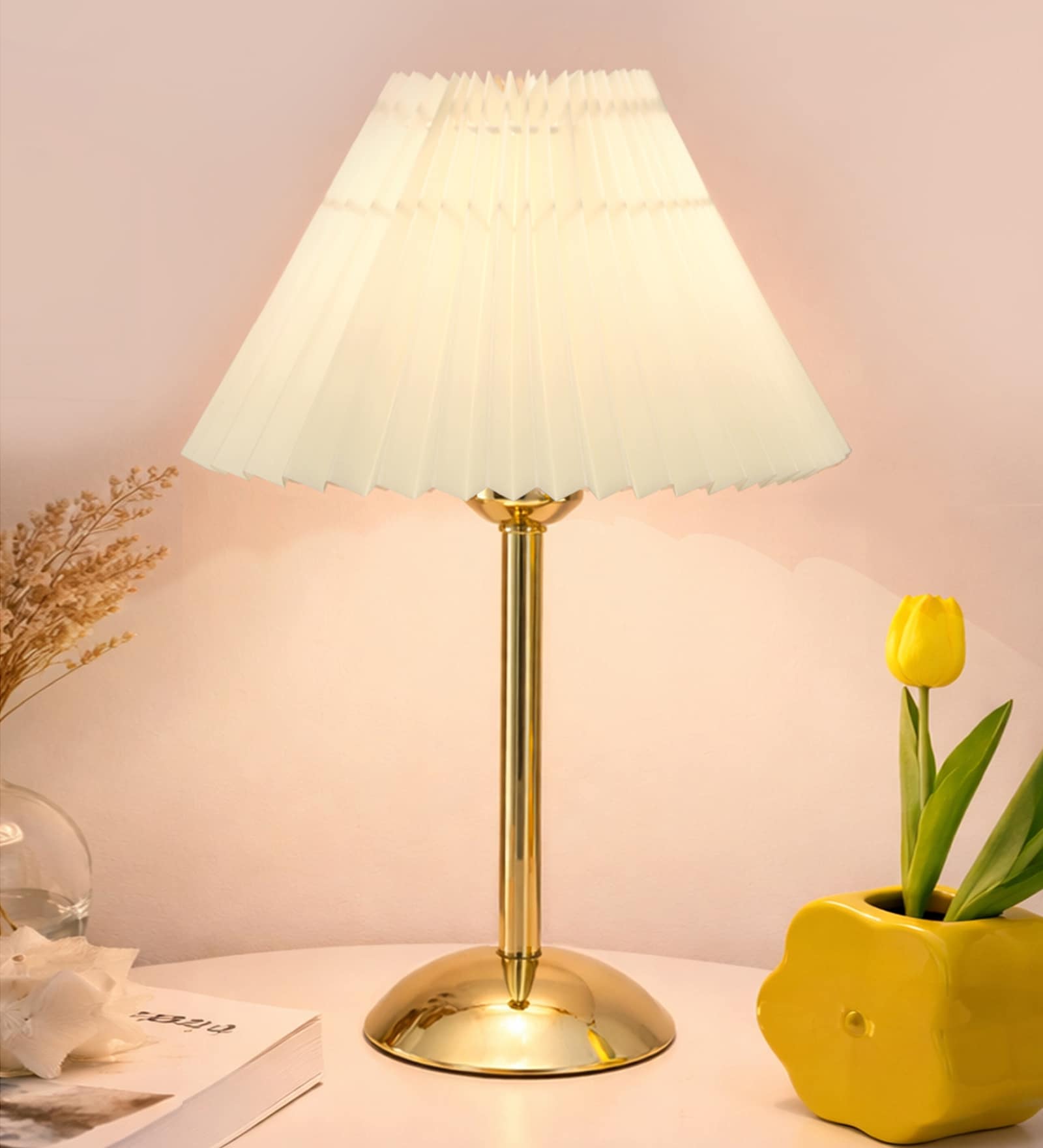 Luxe Round Gold Table Lamp with Pleated Shade
