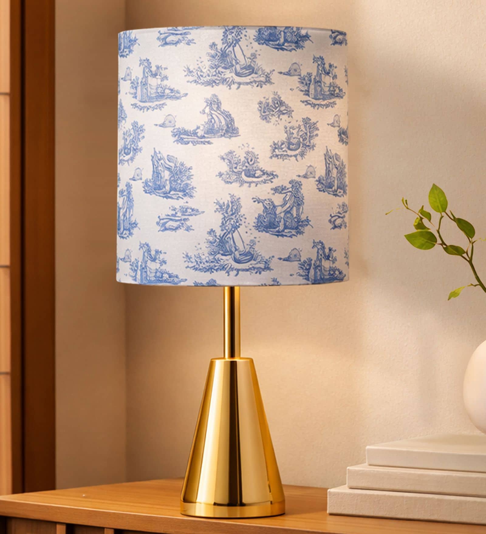 Luxe Round Gold Table Lamp with printed Drum Shade