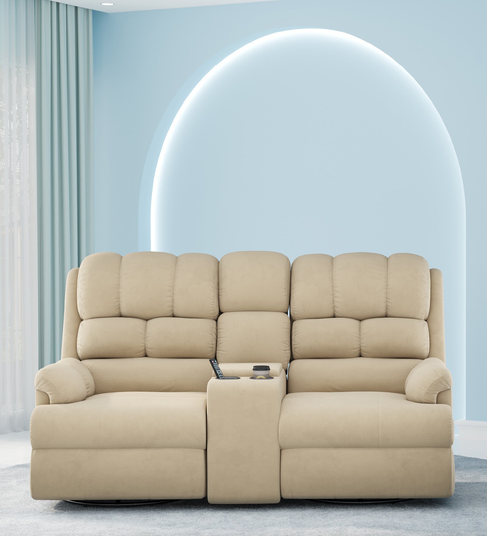 Luxe Velvet 2 Seater Motorized Recliner With Storage Console In Beige Color