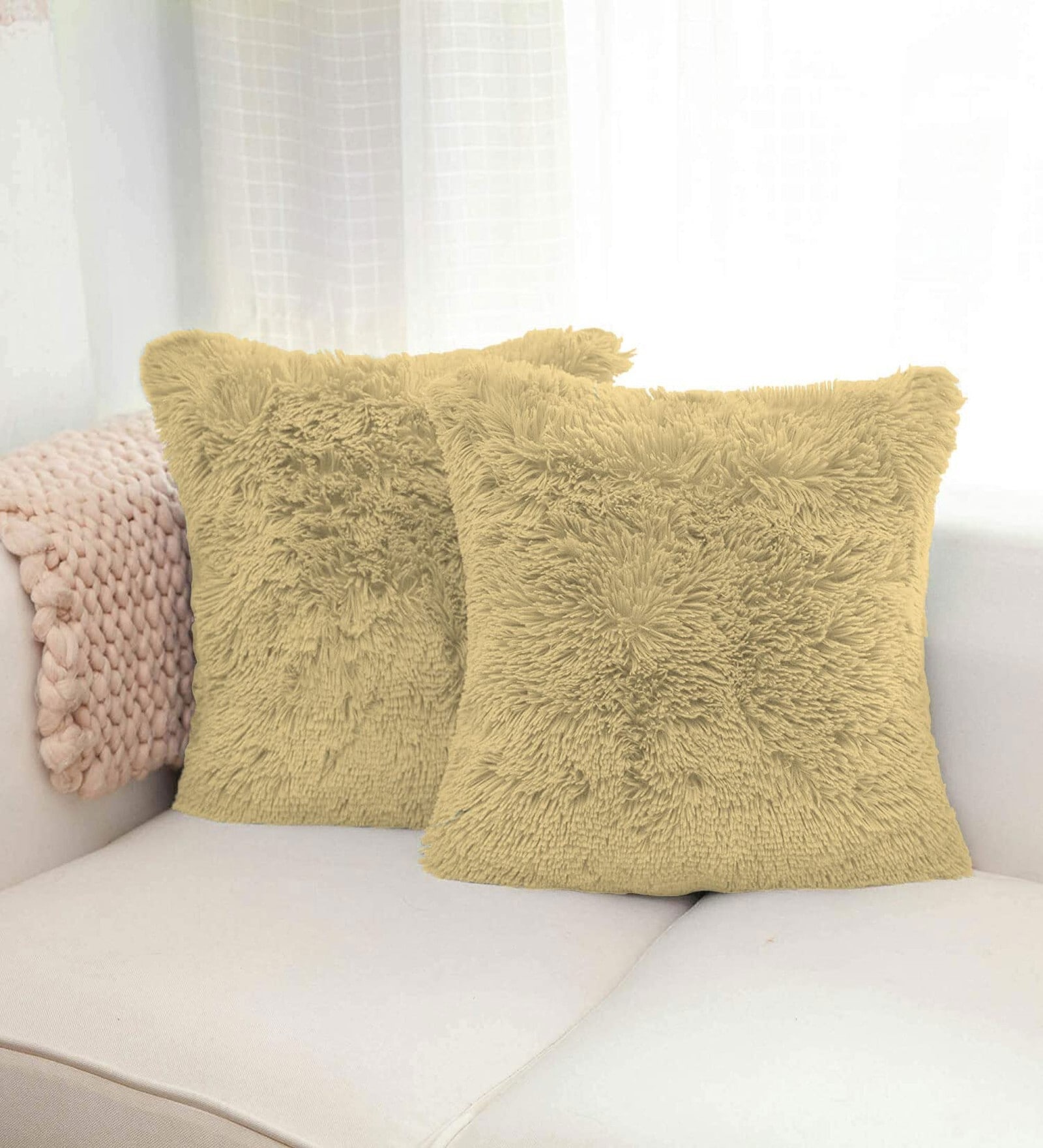 Gold Shaggy Fur Polyester Cushion Covers 16x16 Inch Pack of 2