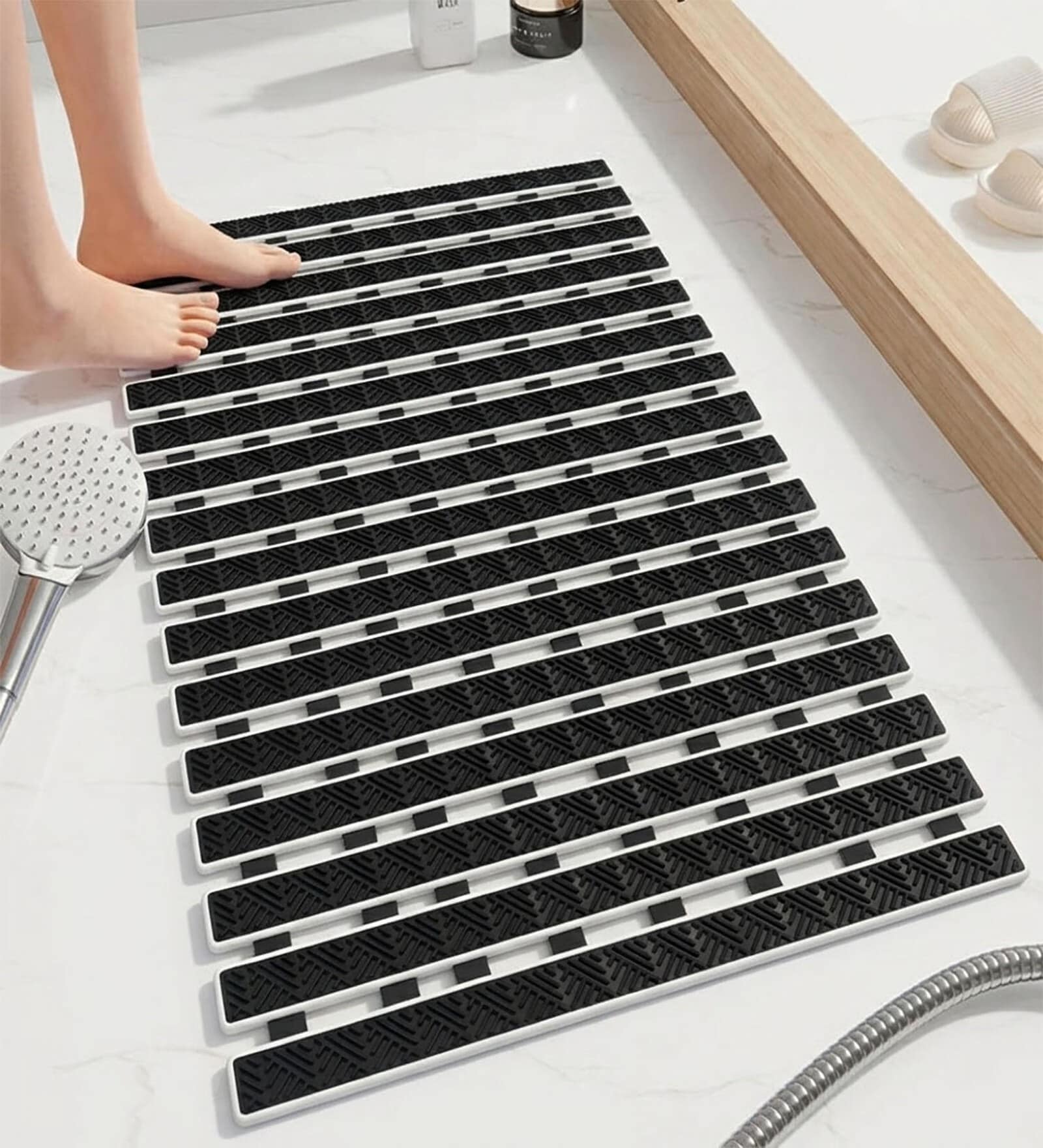 Black Slatted Pattern Rubber 38x70 cm Shower Mat