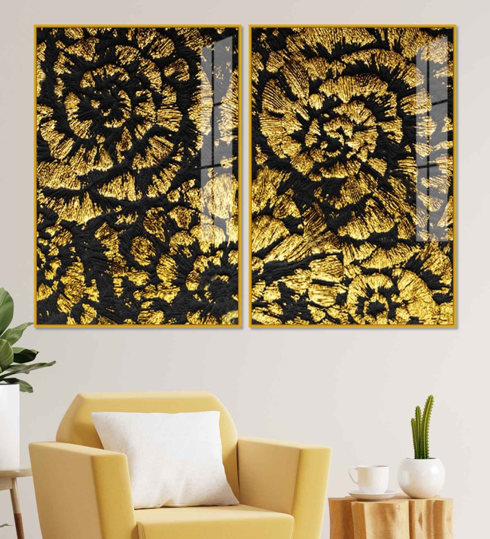 Luxurious Abstract Golden Textural Art Acrylic Framed Art Panel (Set Of 2)