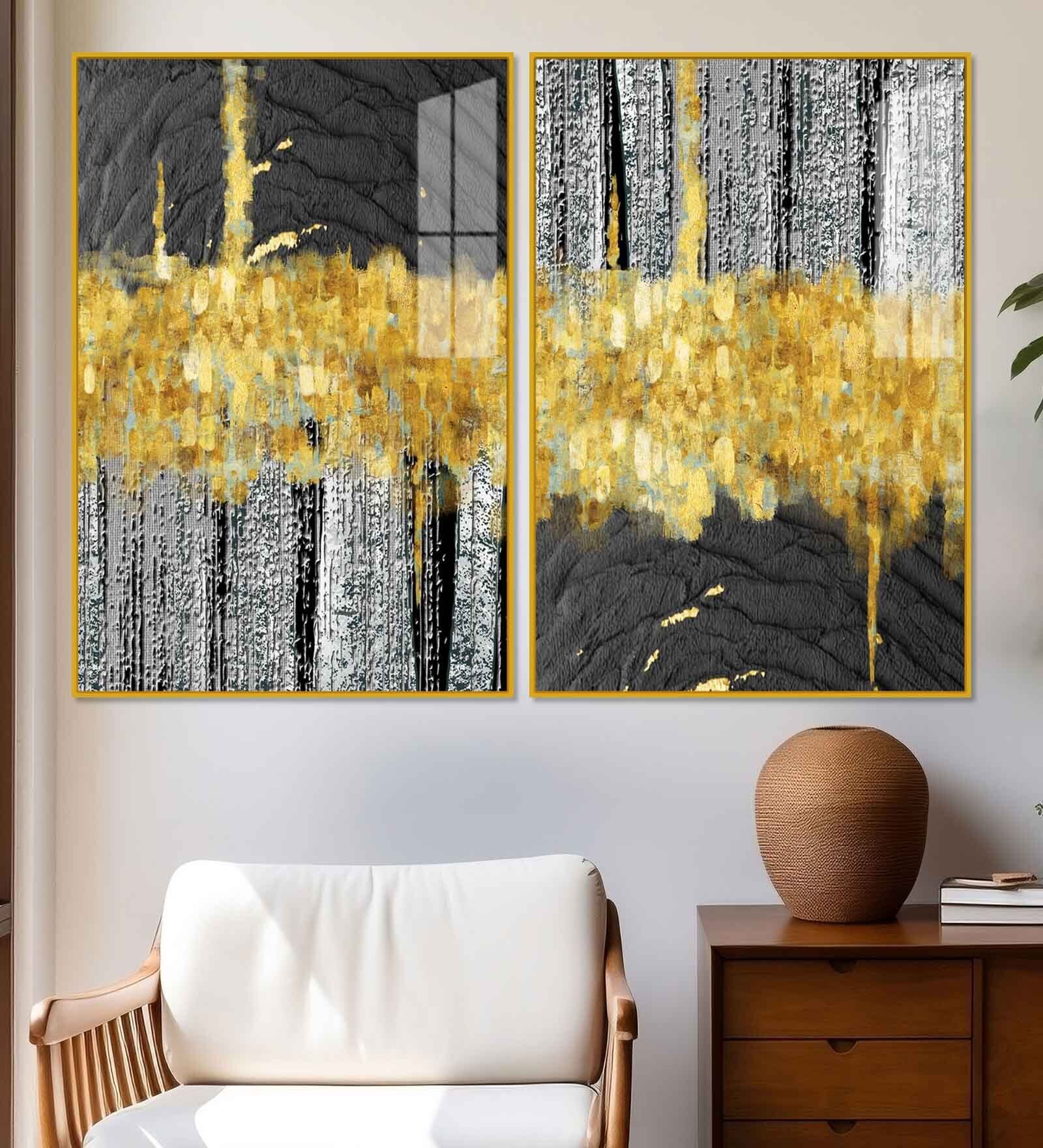 Luxurious Golden Textured Shapes Acrylic Framed Art Panel (Set Of 2)