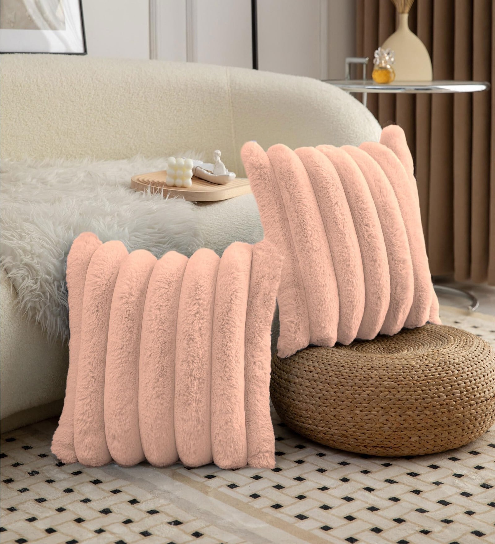Peach Stripe Rabbit Fur Cushion Covers 16x16 Inch Pack of 2
